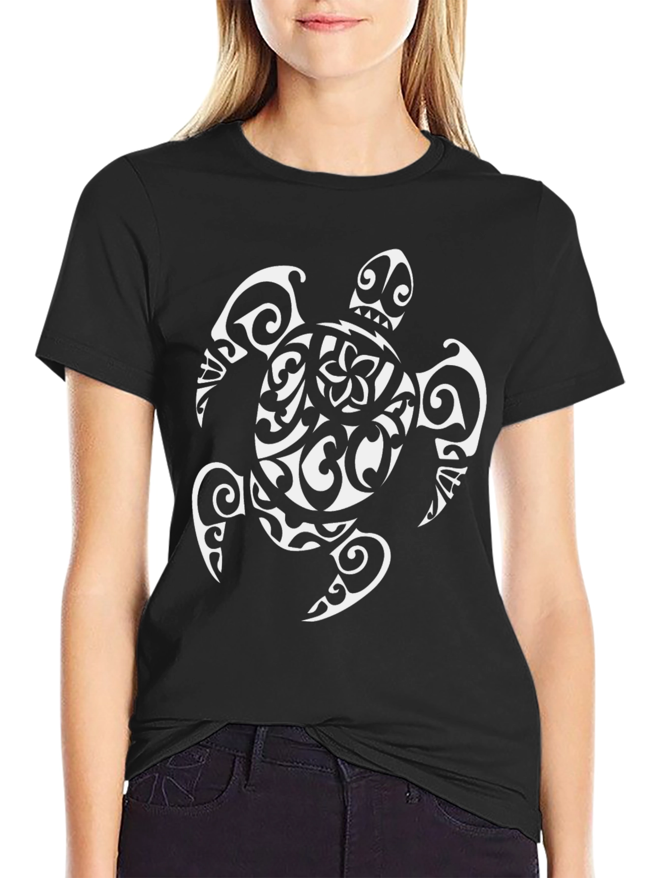 Black Tribal Sea Turtle Graphic Tee - Black view 2