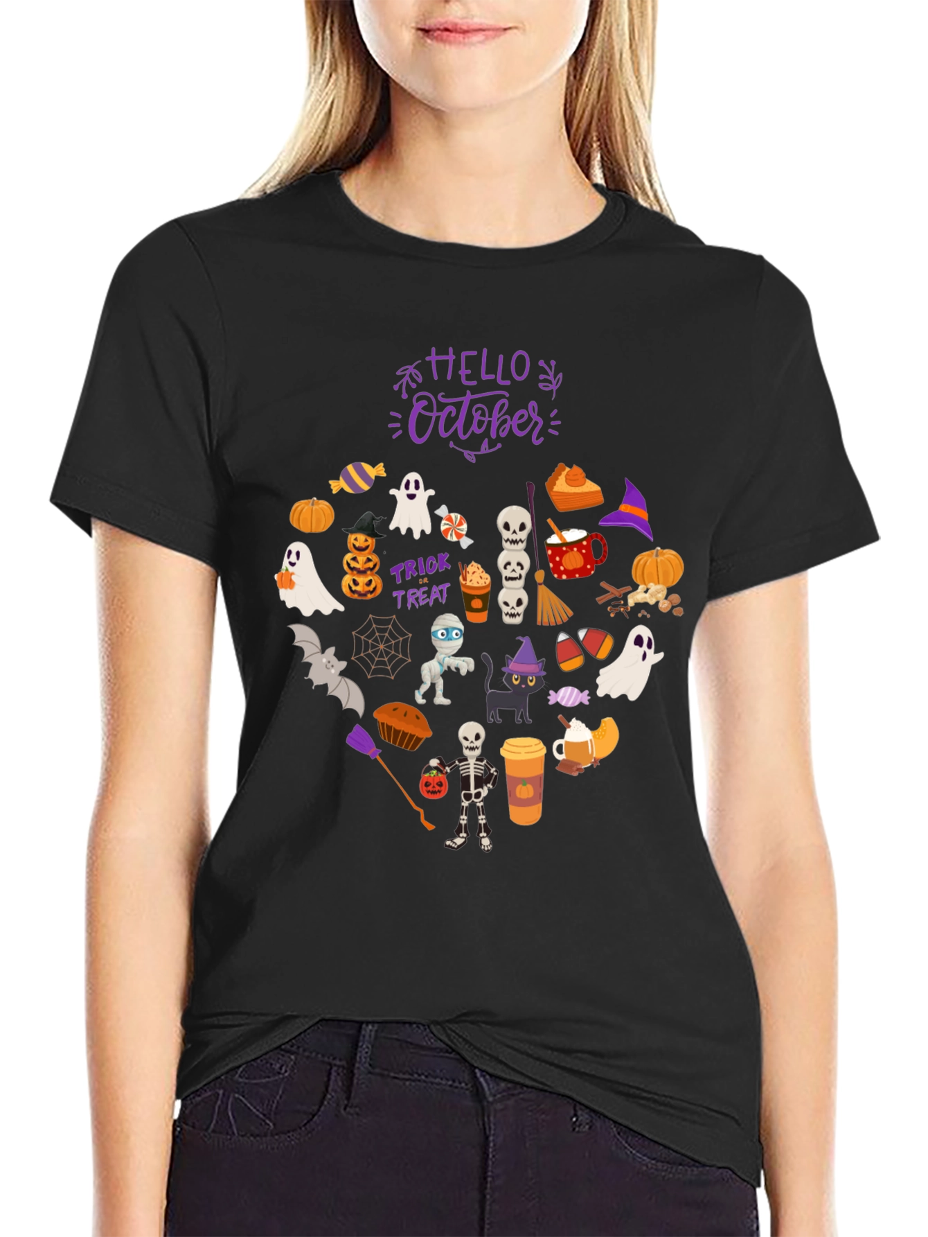 Black Hello October Halloween T-Shirt view 2