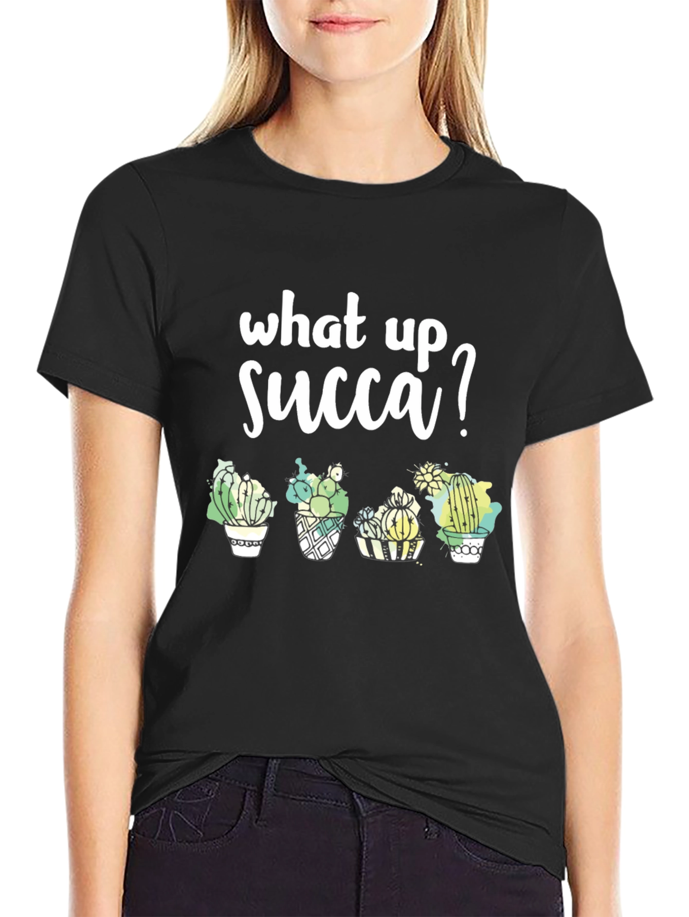 Black What Up Succa? Graphic Tee - Stylish Cactus T-Shirt view 2