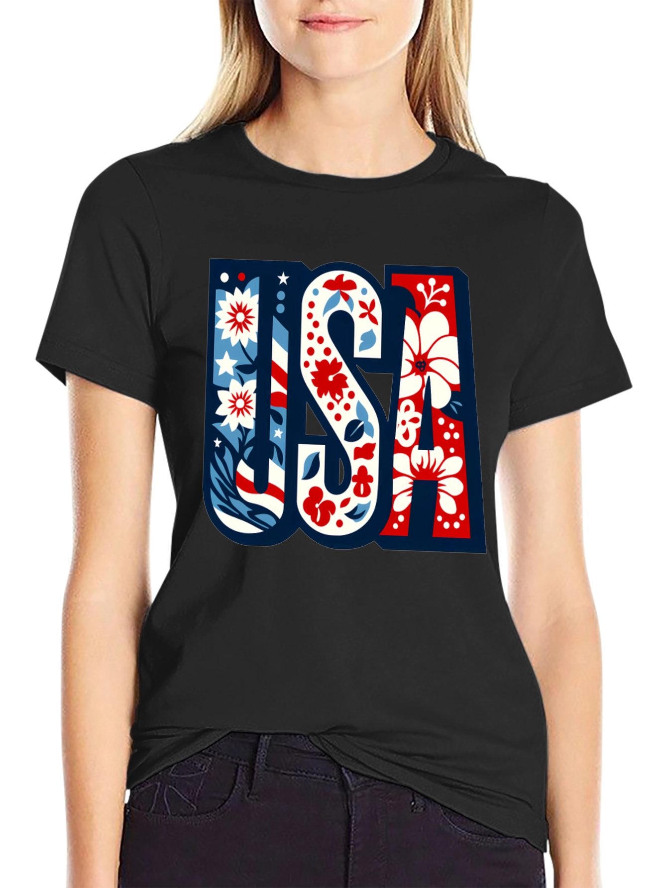 USA Floral Print Men's Black T-Shirt - 2