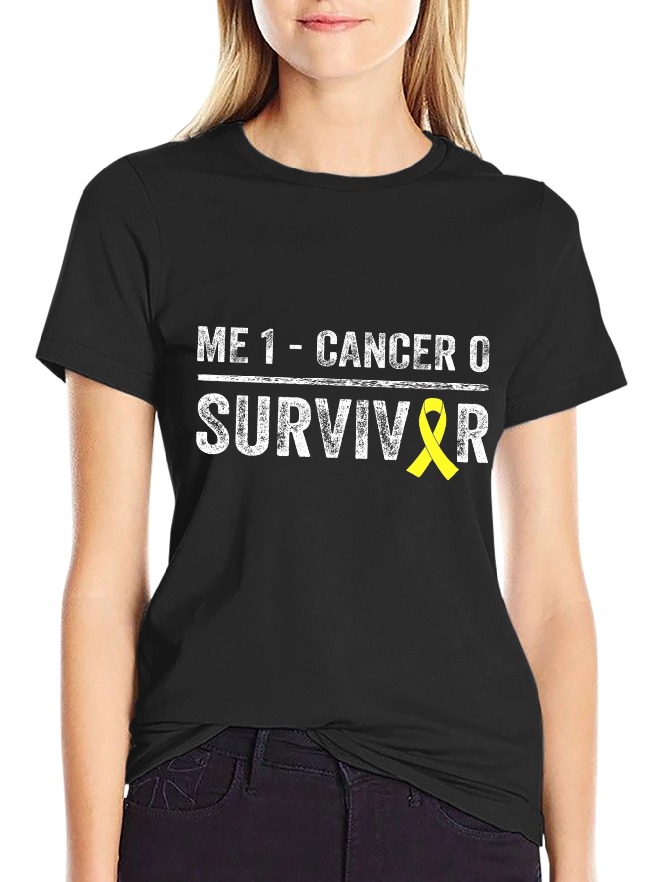 Black Cancer Survivor T-Shirt - Me 1 Cancer 0  view 2