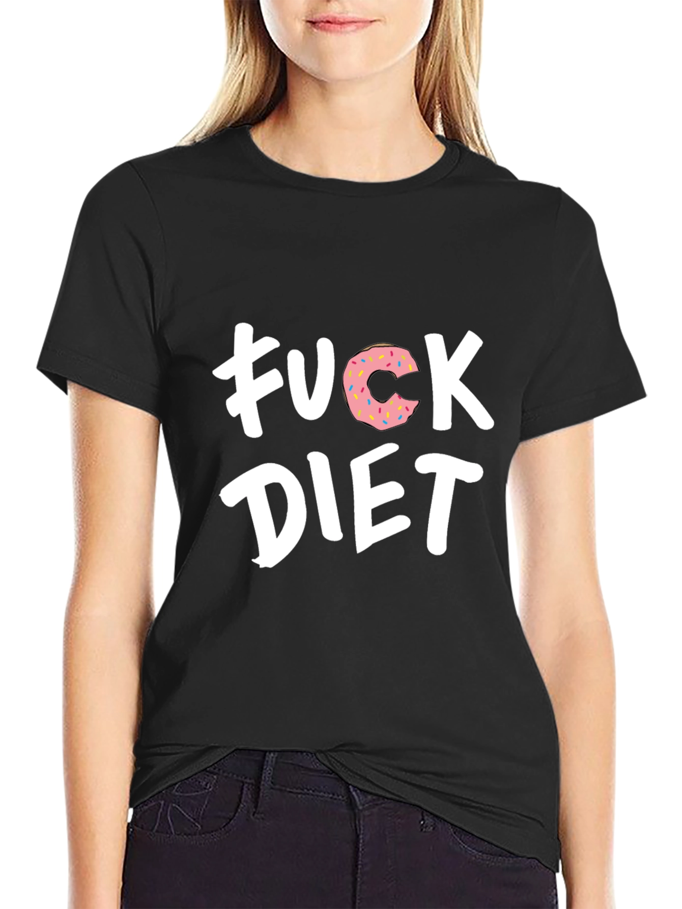 Black Funny "F*ck Diet" Donut Graphic T-Shirt view 2