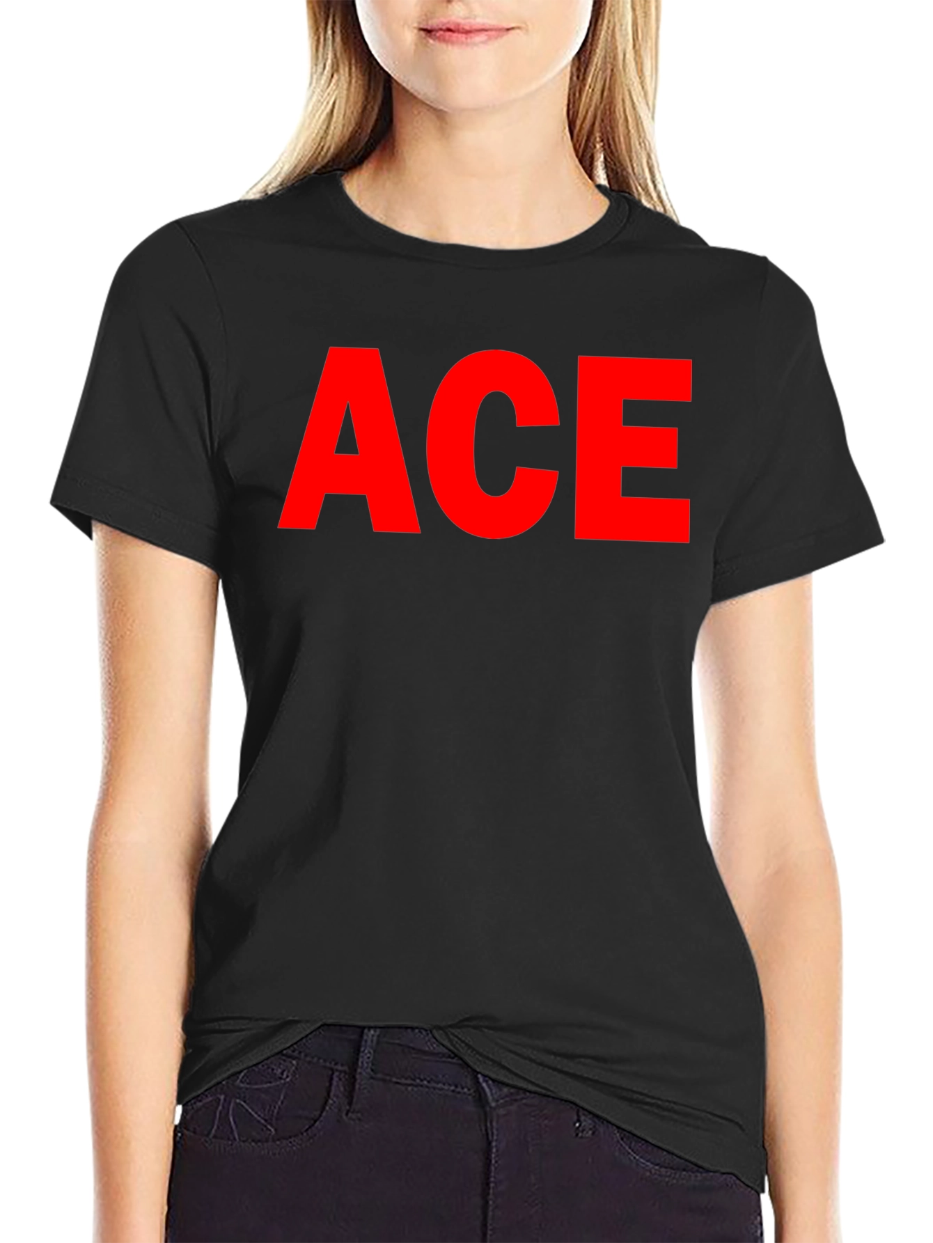 Black ACE Graphic Tee - Classic Crew Neck, Bold Red Print view 2