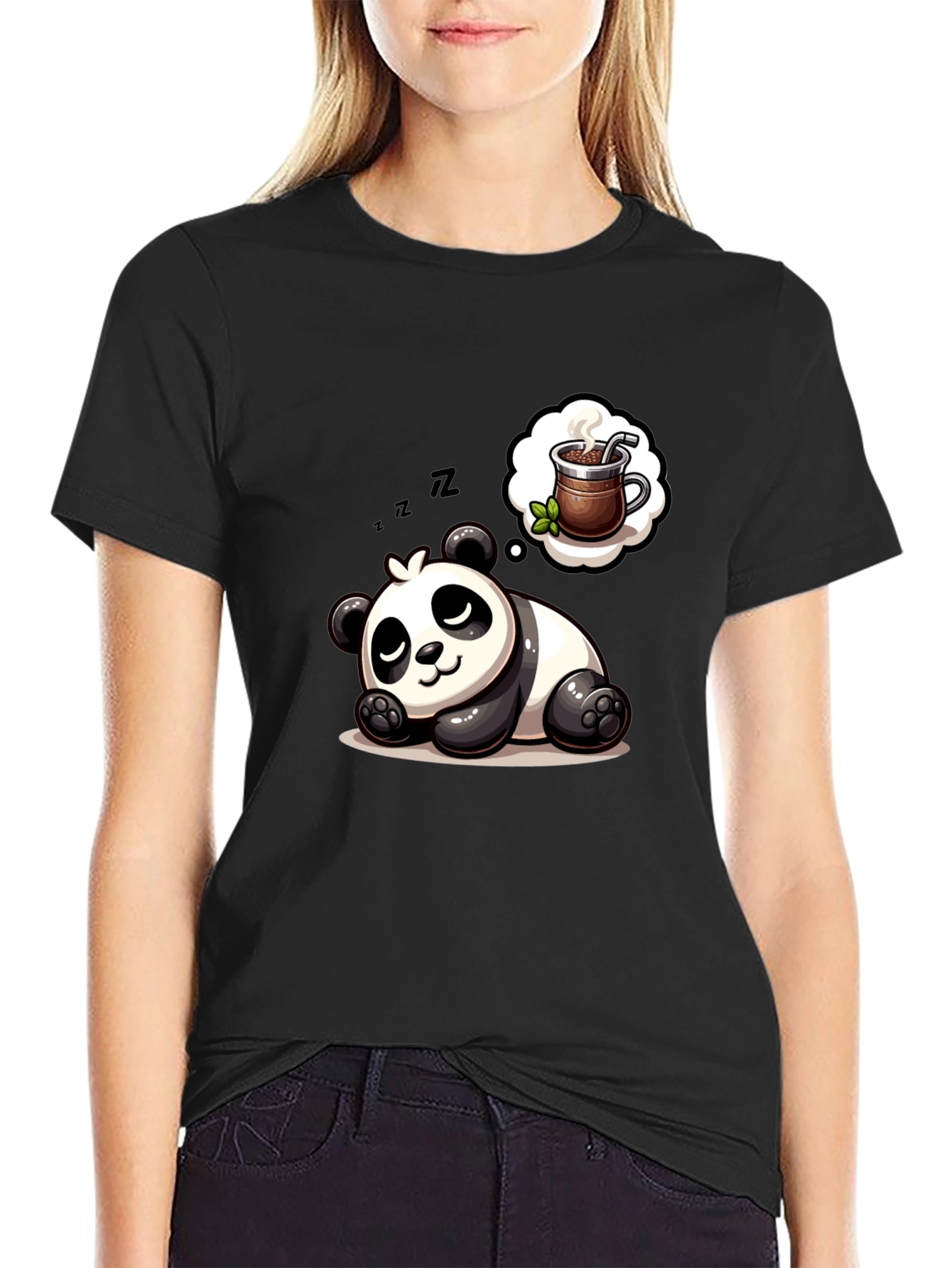 Black Dreamy Panda Coffee T-Shirt - Relaxed & Cute view 2