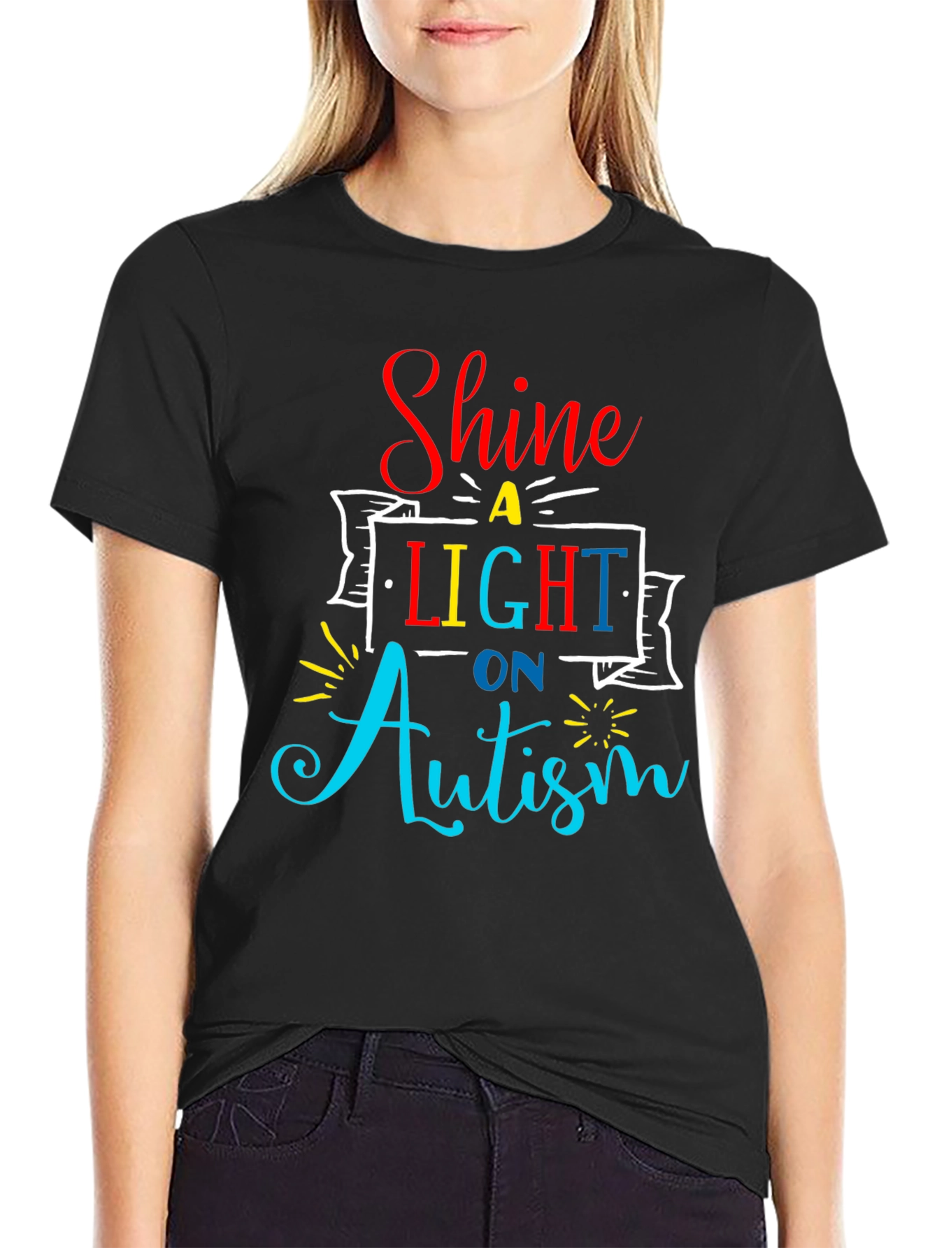 Black Autism Awareness T-Shirt Shine a Light view 2