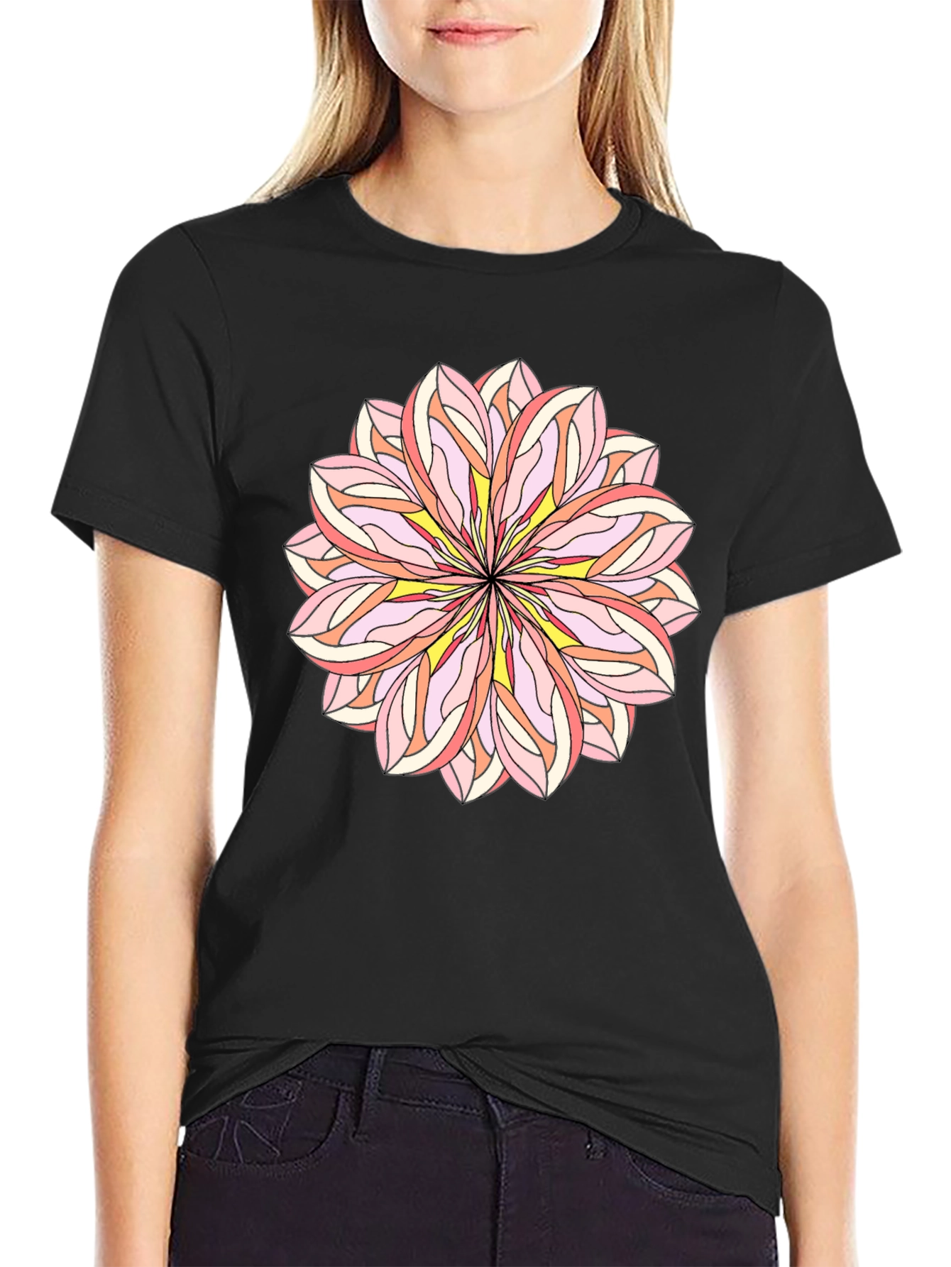 Black Floral Mandala Graphic Tee - Stylish Black T-Shirt view 2