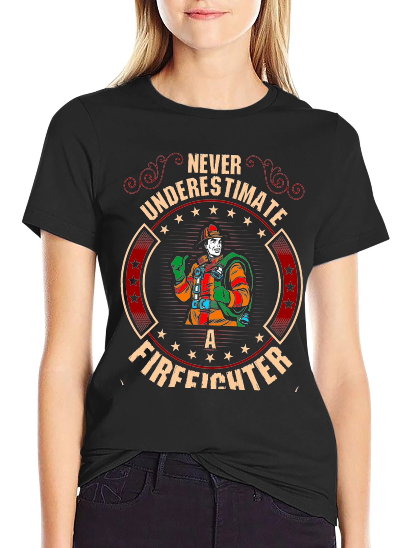Black Never Underestimate a Firefighter Graphic Tee view 2