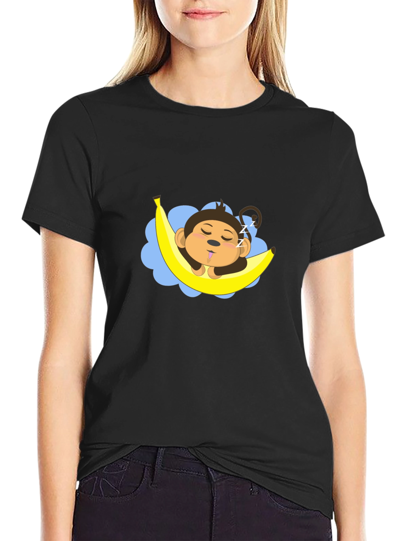 Black Sleeping Monkey Banana T-Shirt - Unisex Black Tee view 2