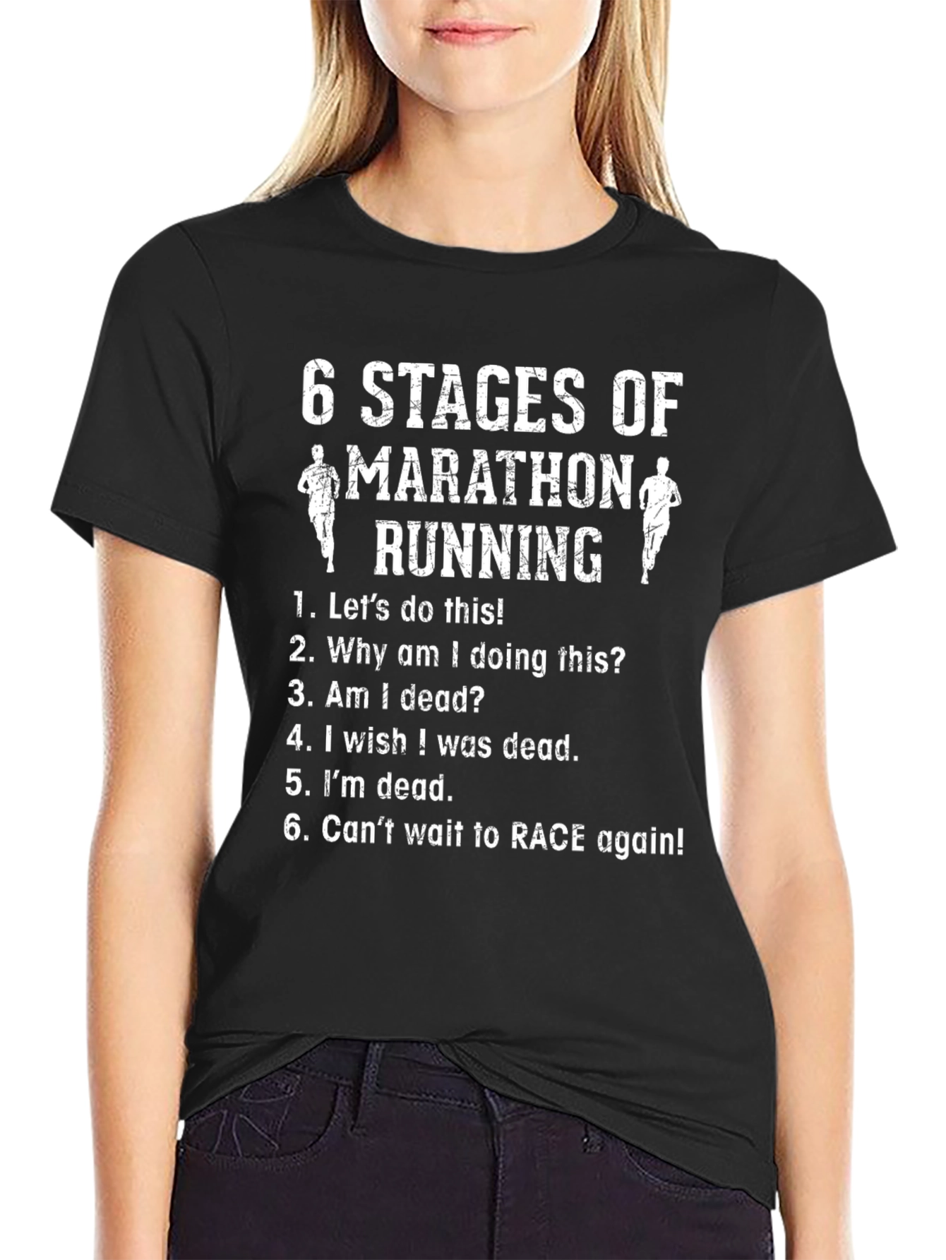 Black 6 Stages of Marathon Running Black T-Shirt view 2