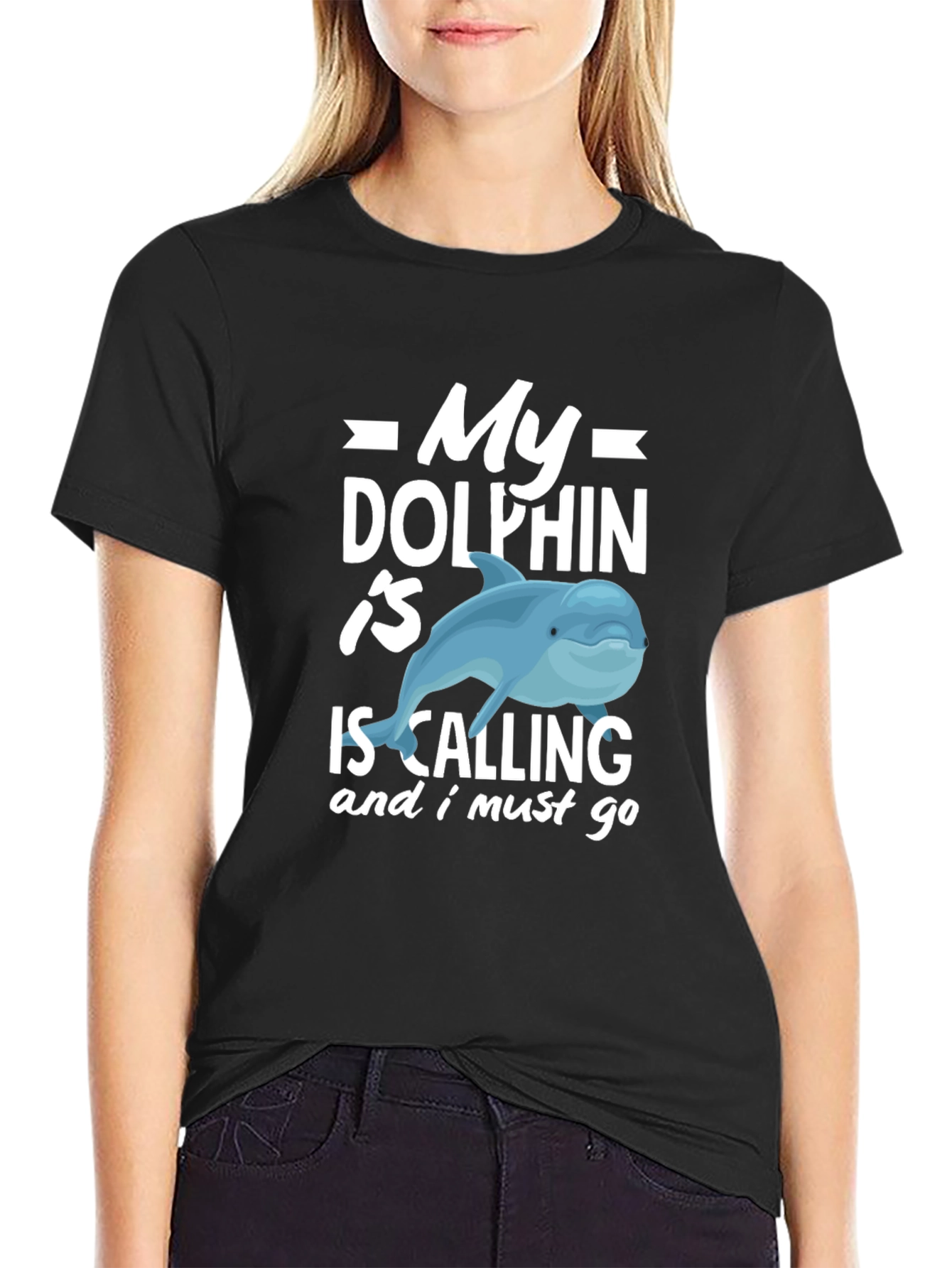 Black My Dolphin Is Calling Funny T-Shirt view 2