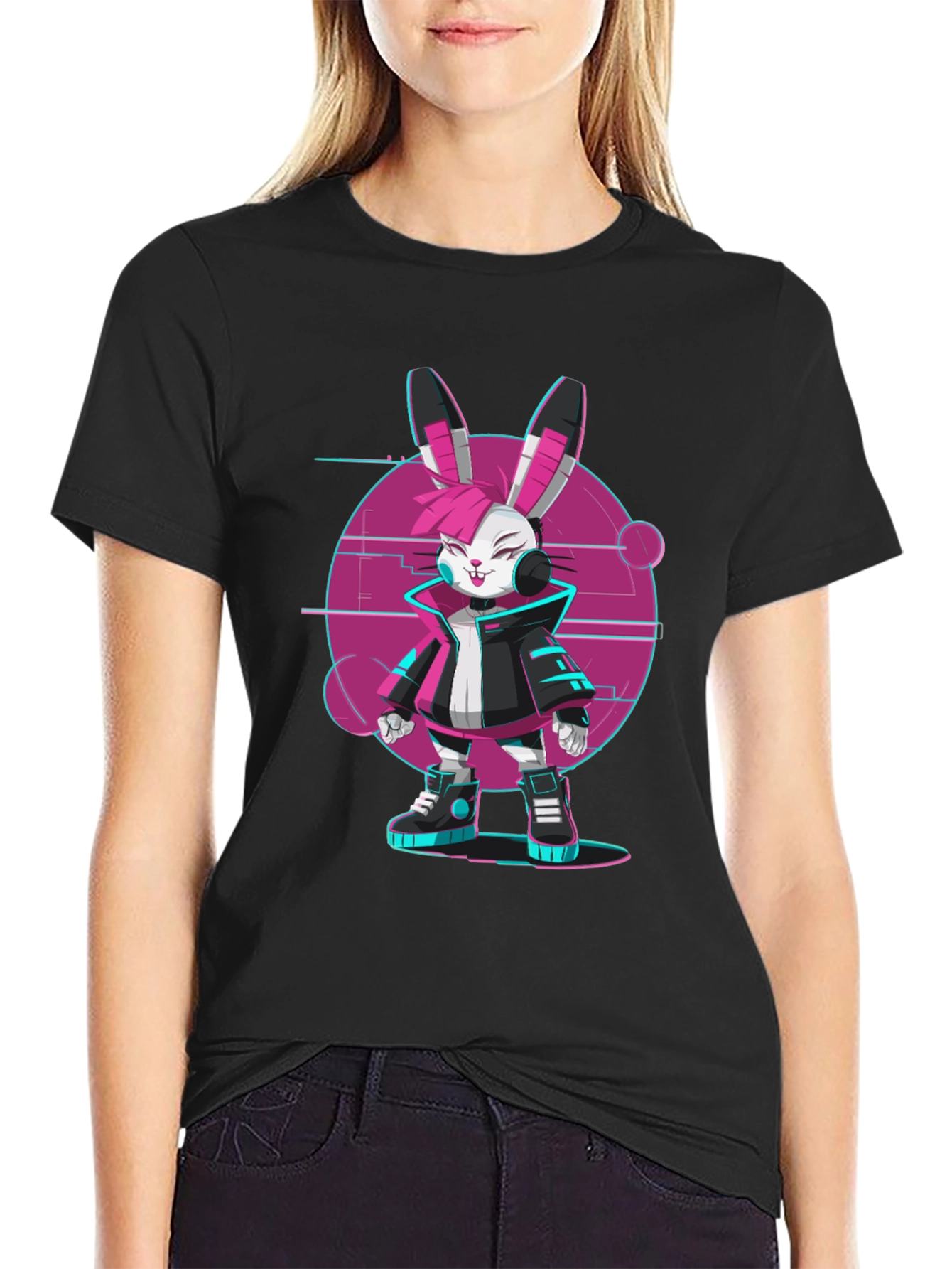 Black Cyberpunk Bunny T-Shirt - Edgy Streetwear Style view 2