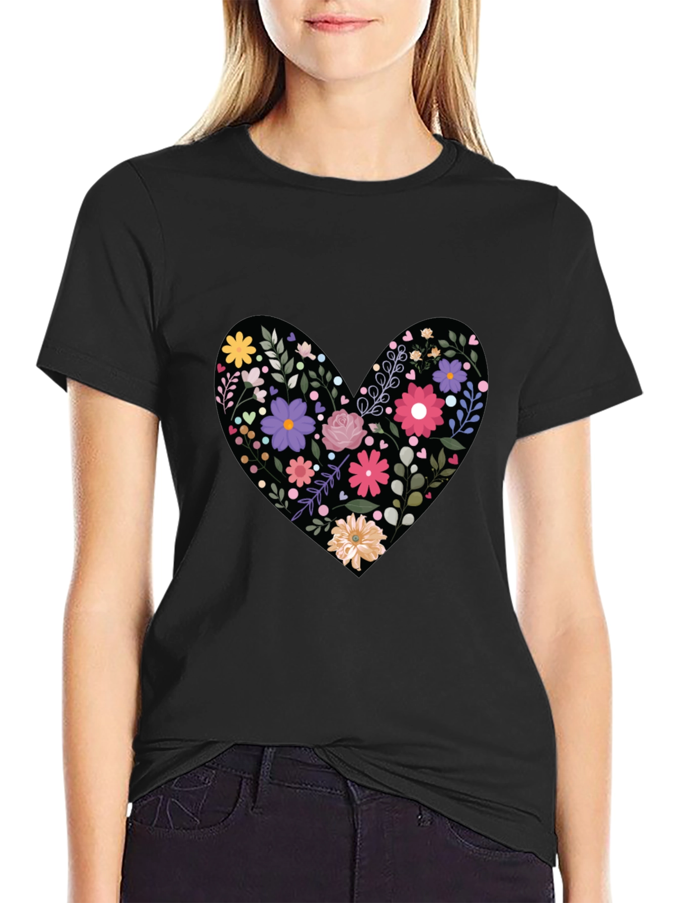 Black Floral Heart Graphic Tee - Black view 2