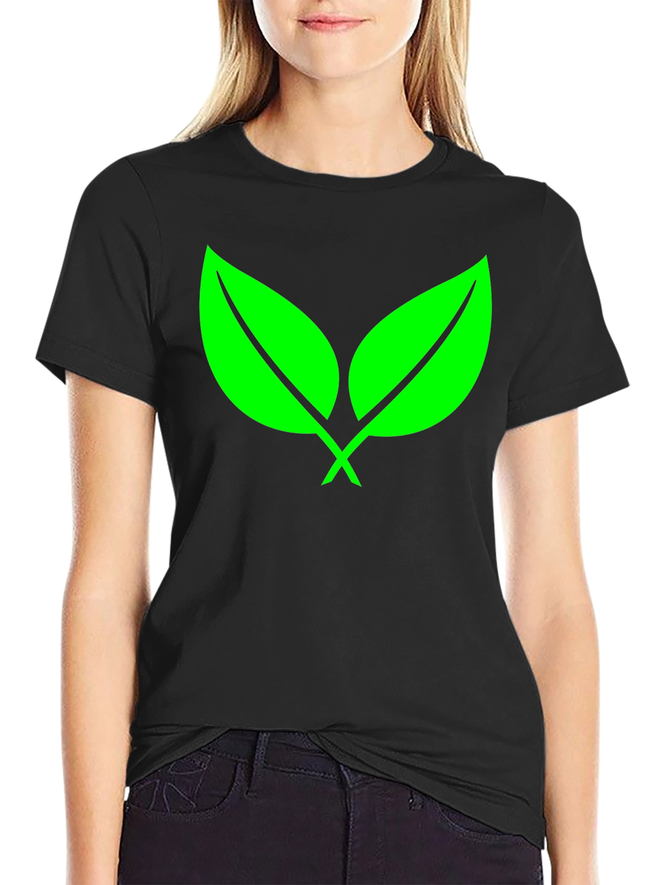 Black Eco-Friendly Green Leaf Black T-Shirt view 2