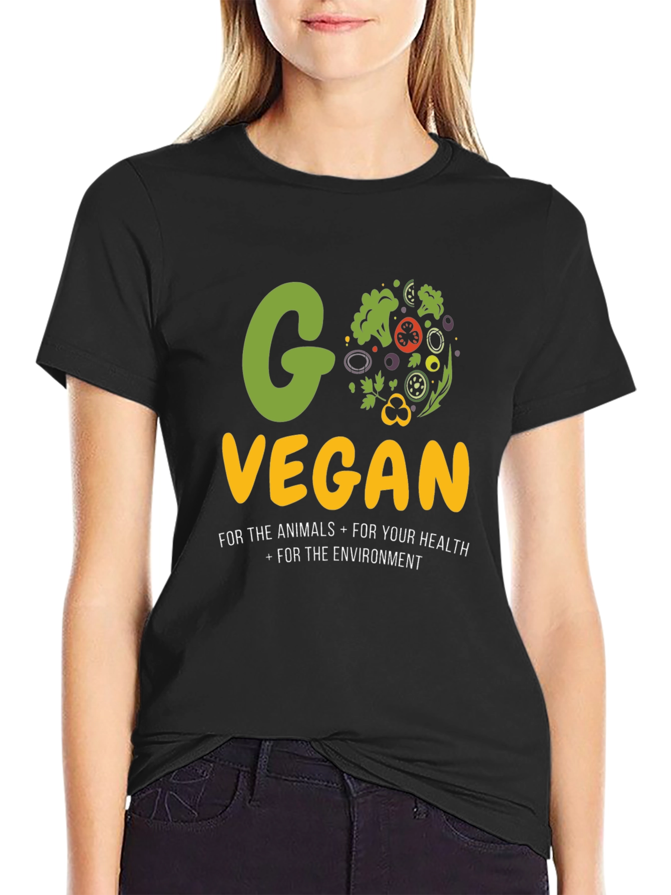Black Go Vegan Black T-Shirt - Animals, Health, Environment! view 2