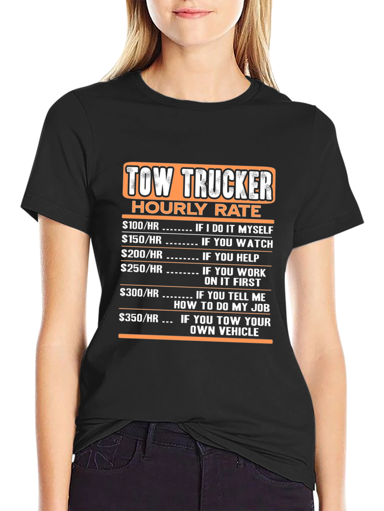 Black Tow Trucker Hourly Rate Black T-Shirt view 2