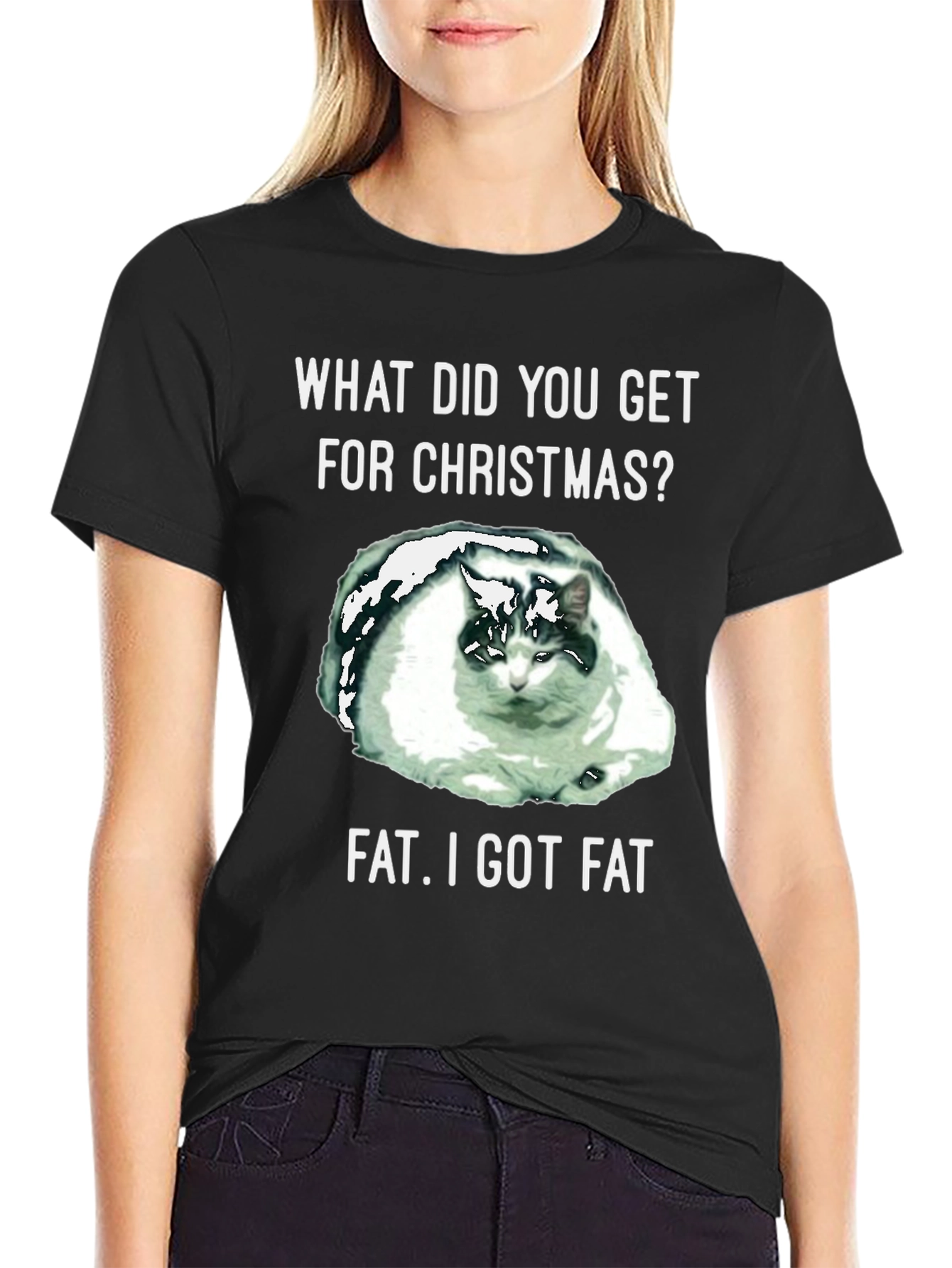 Black Funny Cat Christmas Fat T-Shirt view 2