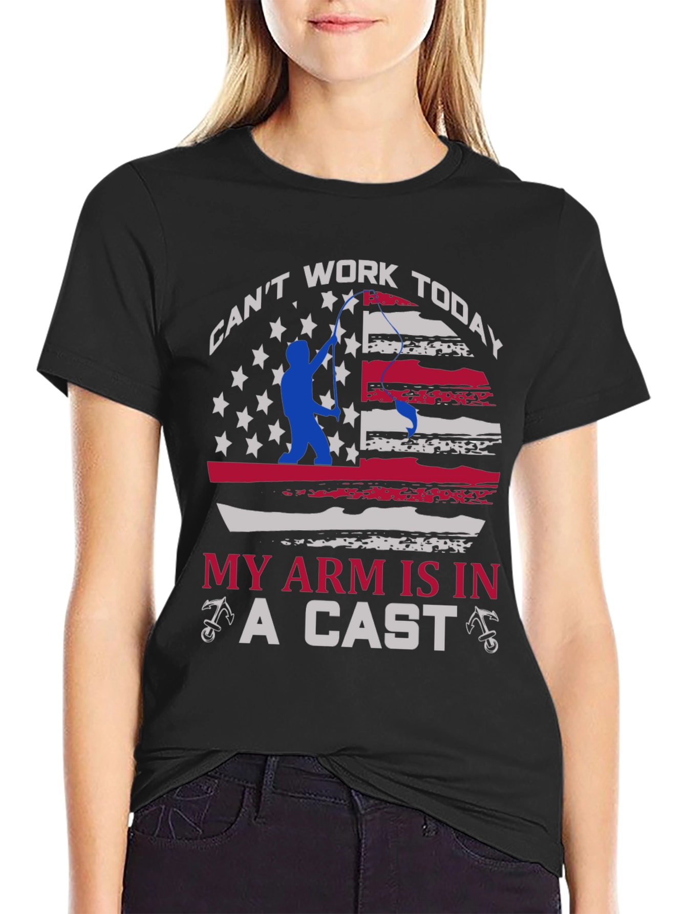 Black Funny Fishing T-Shirt - Can't Work Today - Arm in a Cast view 2