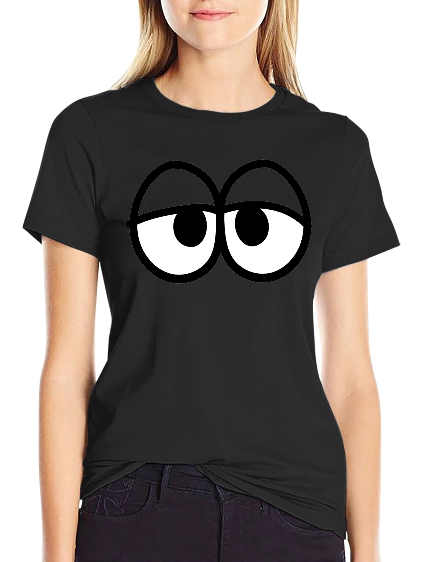 Black Funny Cartoon Eyes Black T-Shirt view 2