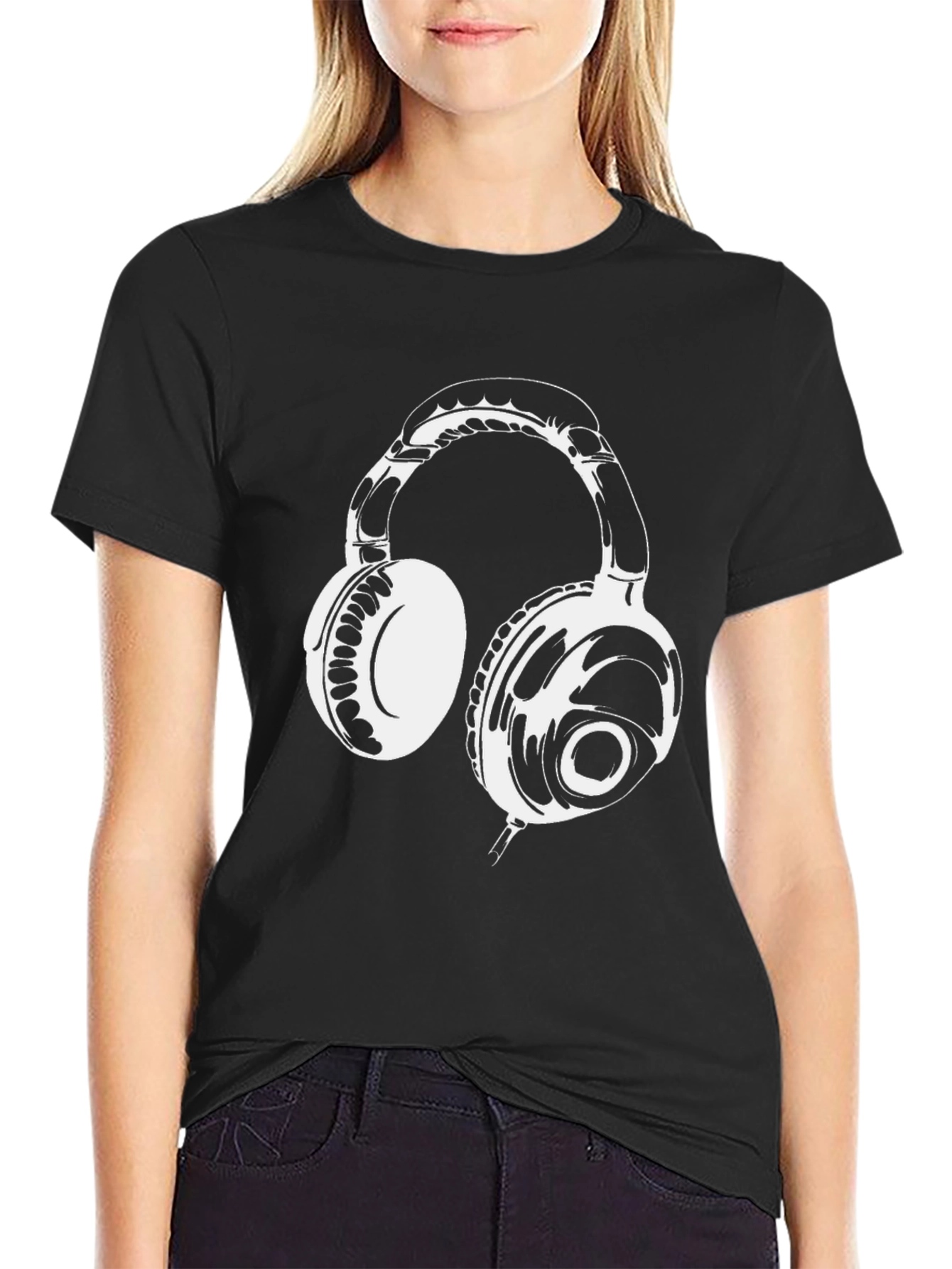 Black Black T-Shirt with White Headphones Graphic view 2