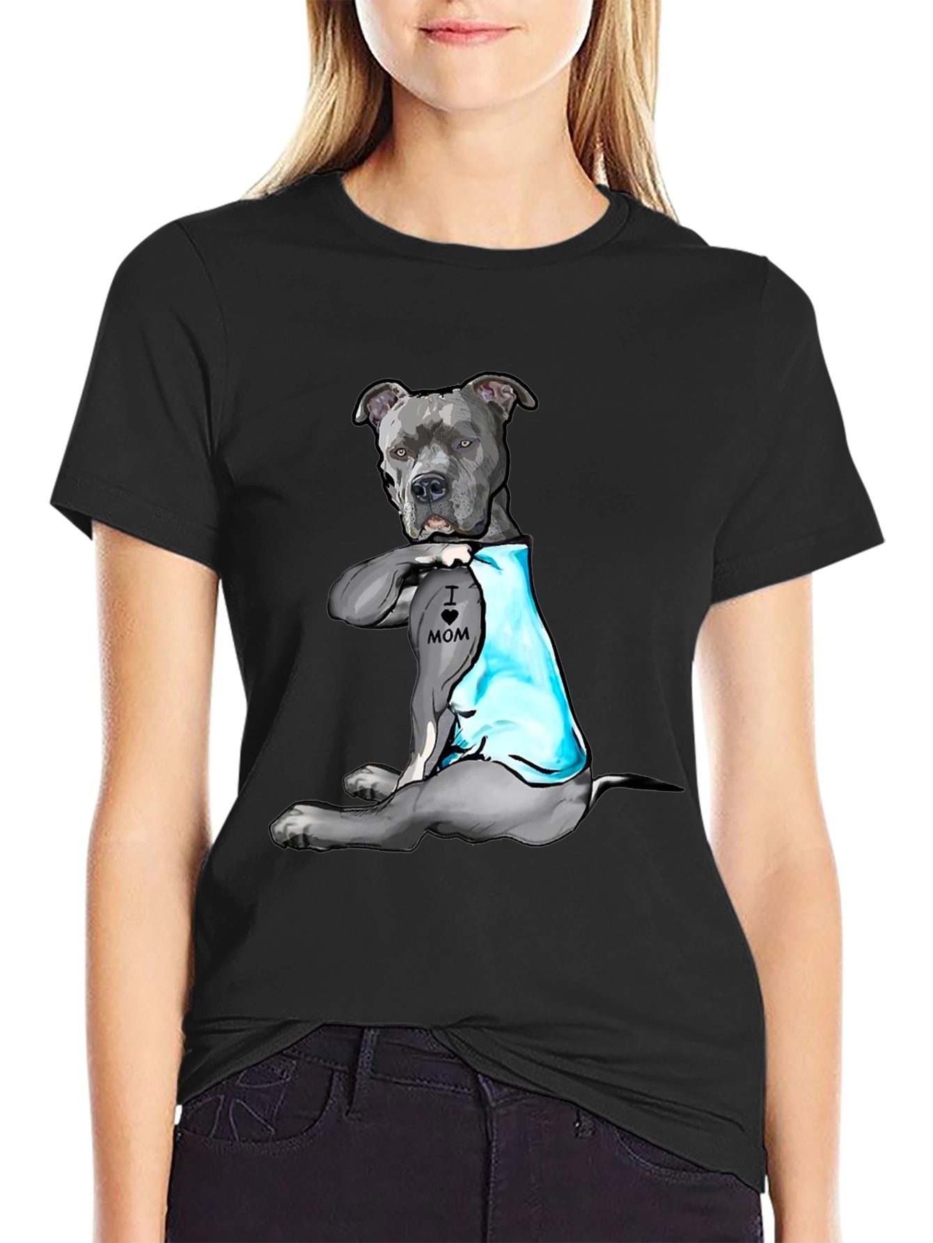 Black Dog Lover T-Shirt: 'I Heart Mom' Pitbull Design view 2