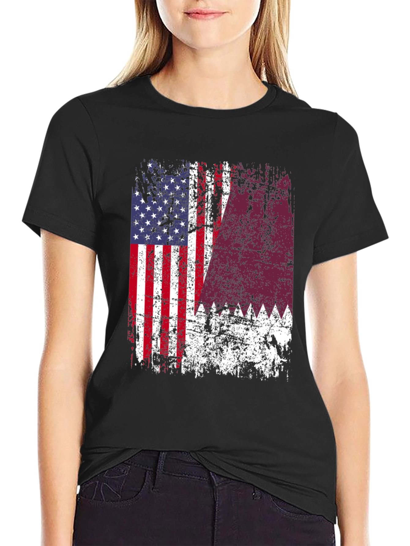 USA Qatar Flag Distressed T-Shirt - 2