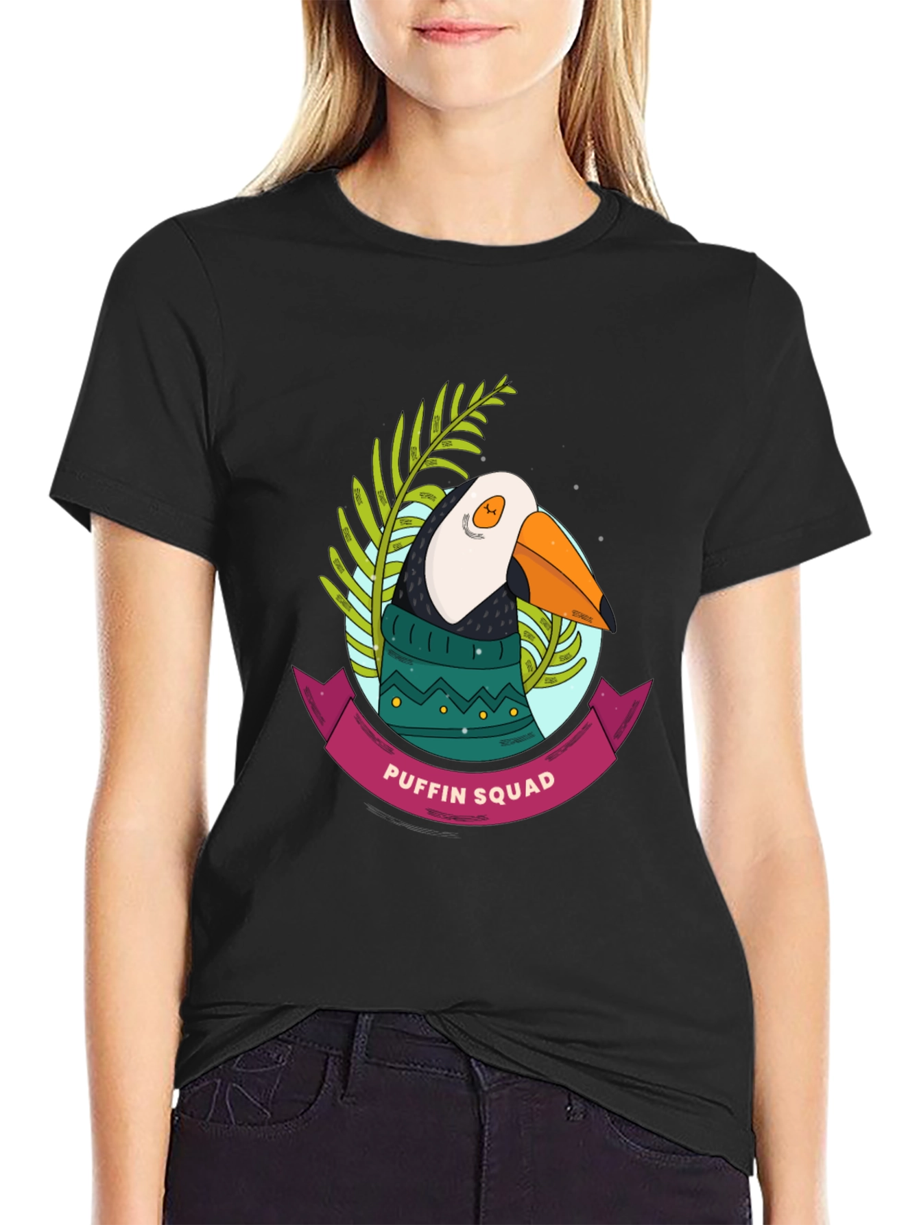 Black Puffin Squad Graphic Tee - Novelty Bird T-Shirt view 2
