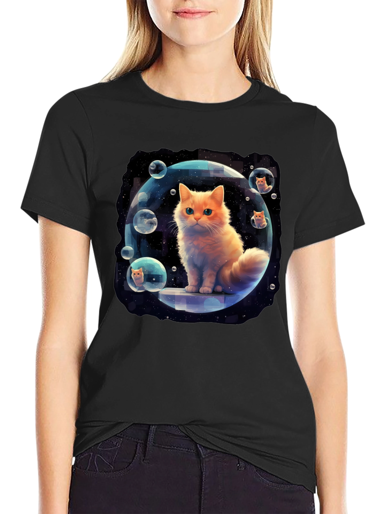 Black Cosmic Cat Bubble T-Shirt - Unique Graphic Tee view 2