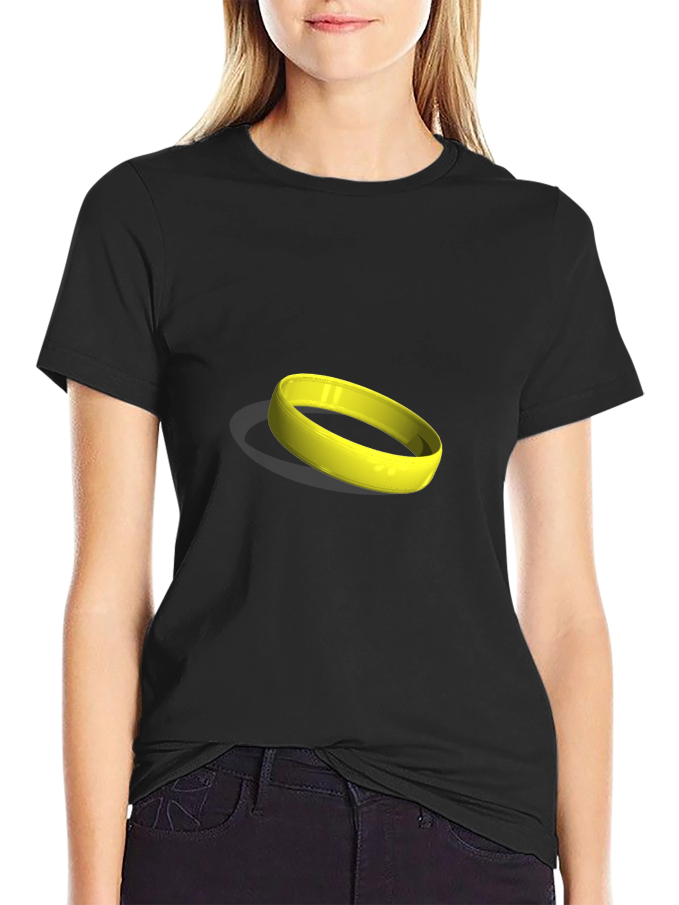 Black Men's Black T-Shirt with Yellow Ring Graphic view 2