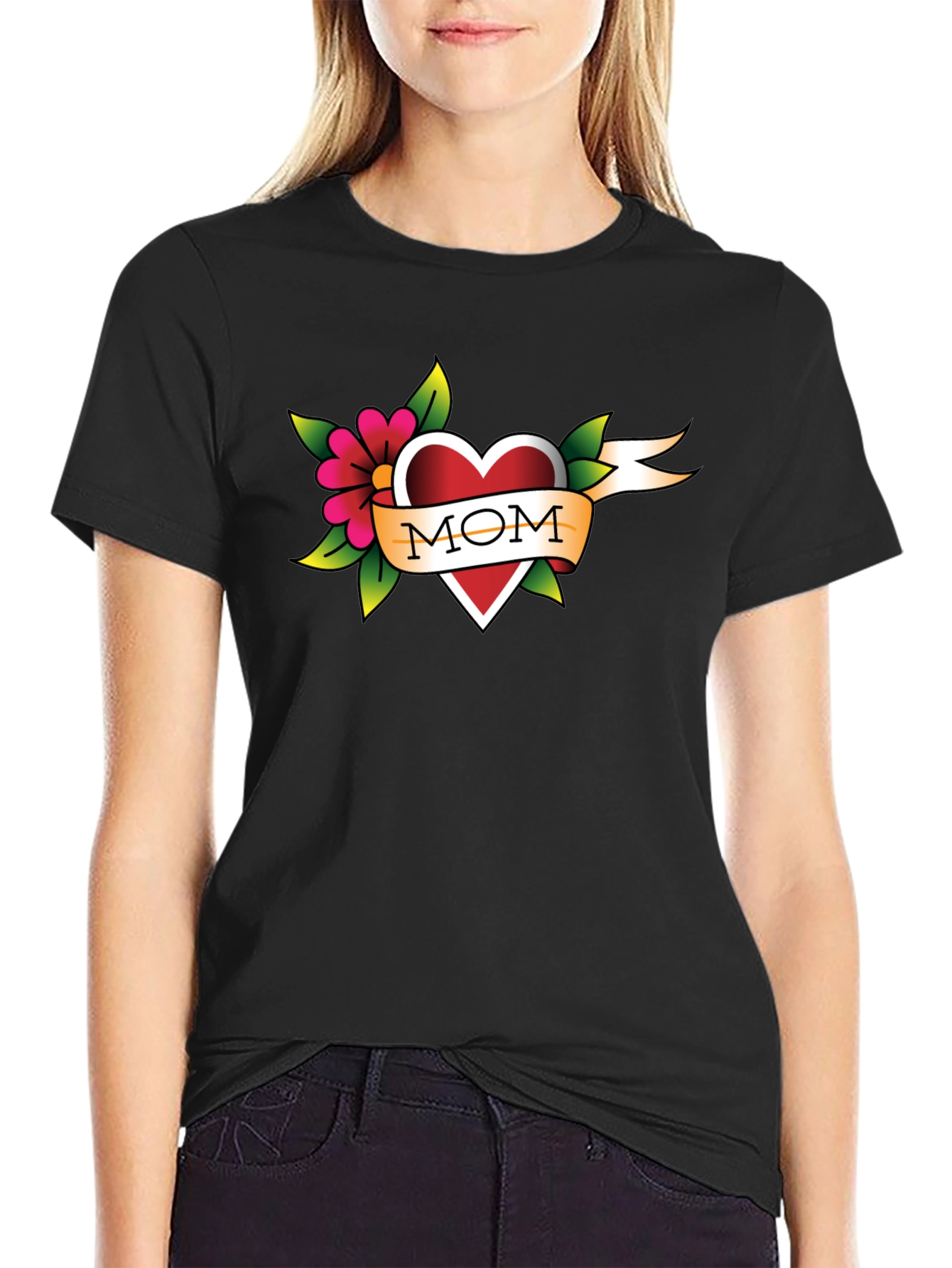 Black Mom Tattoo Style Heart T-Shirt view 2
