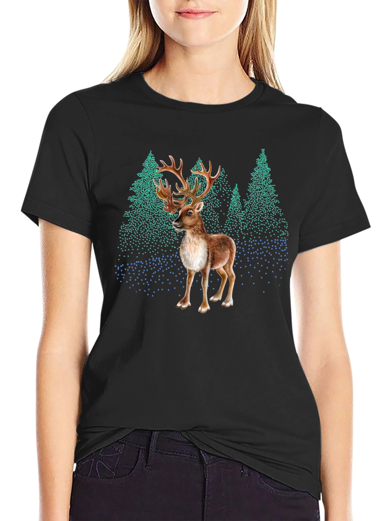Black Reindeer Forest Graphic Tee - Stylish Nature Print view 2