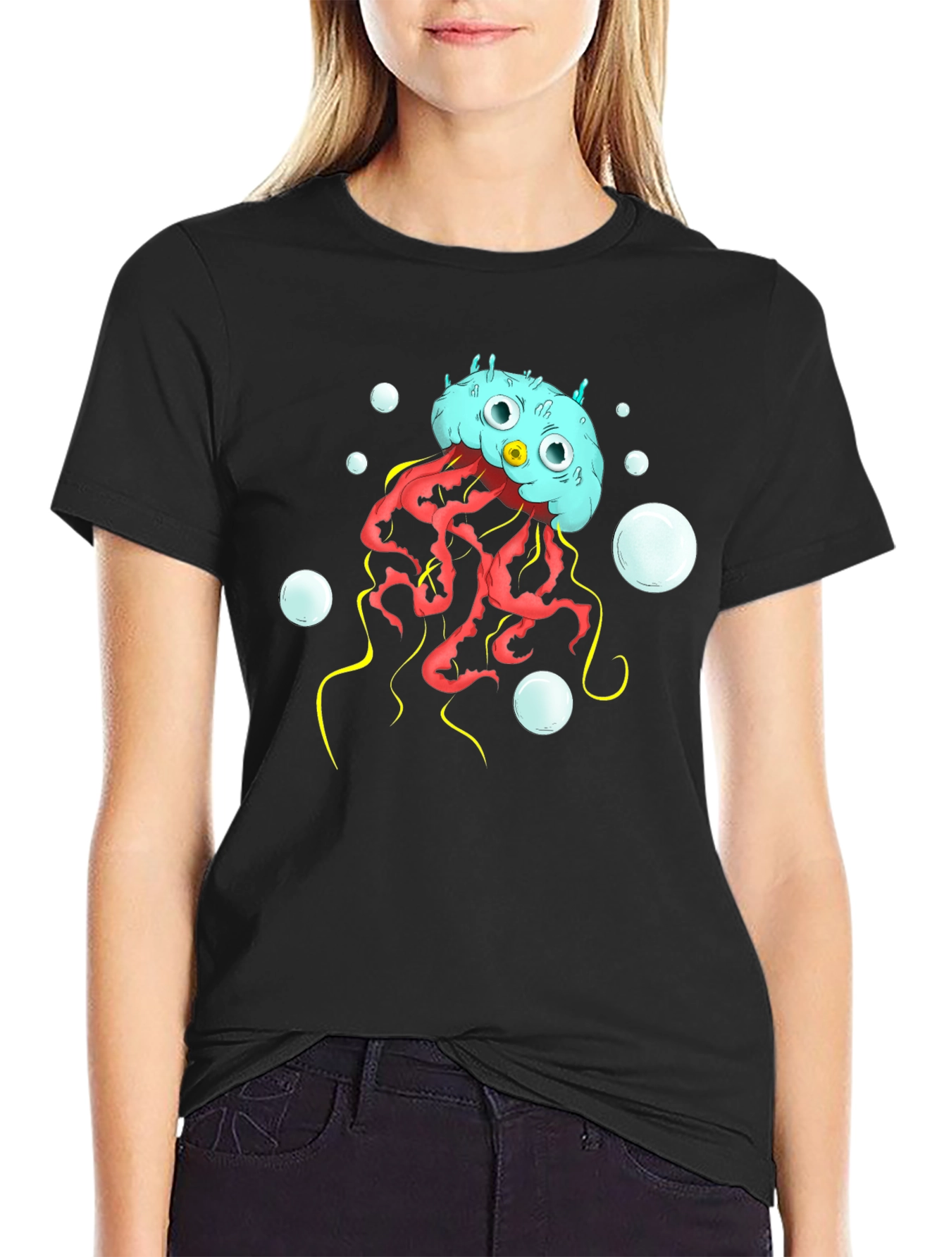 Black Cartoon Jellyfish Graphic T-Shirt view 2