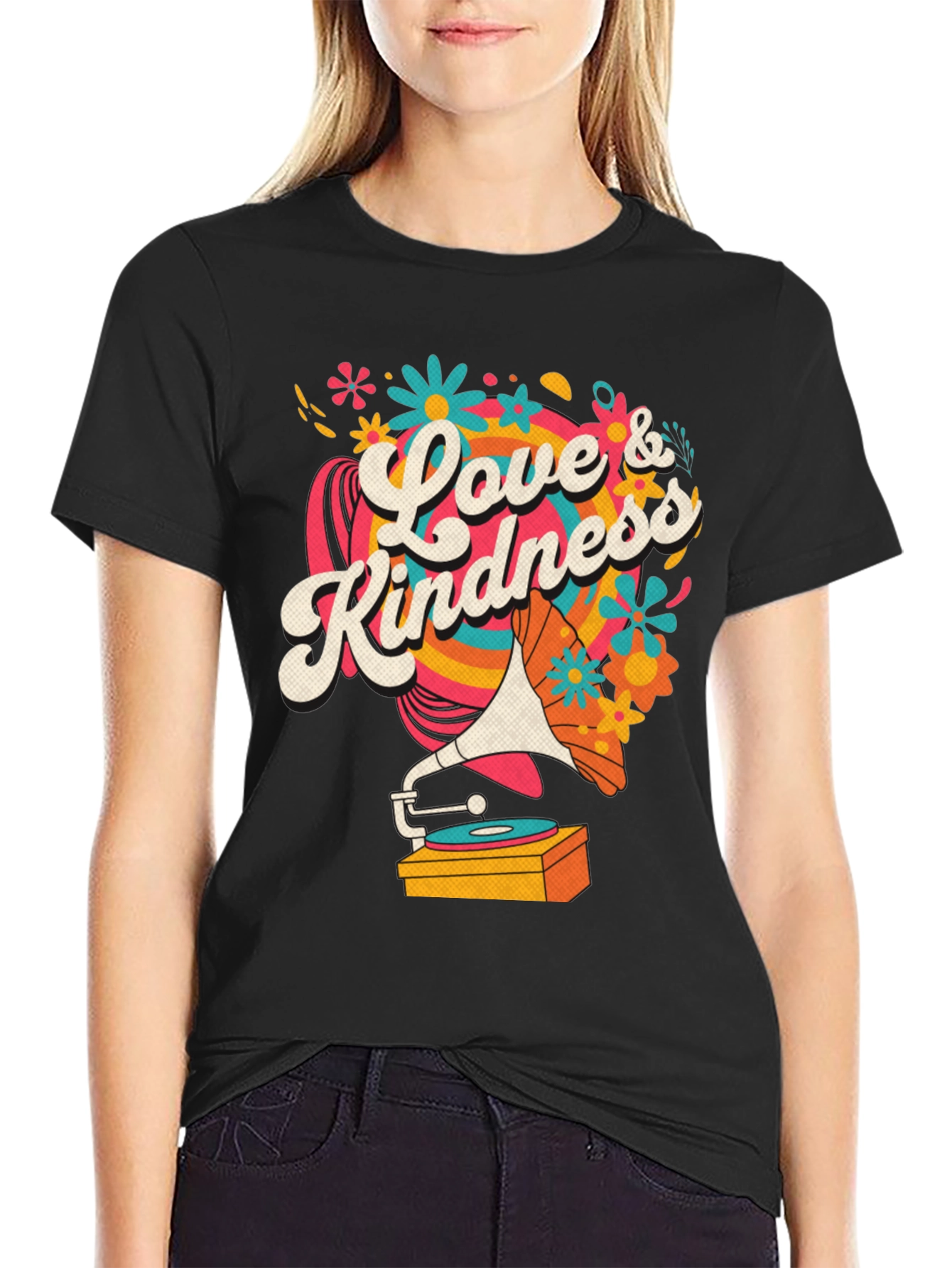 Black Love & Kindness Graphic Tee - Retro Record Player view 2