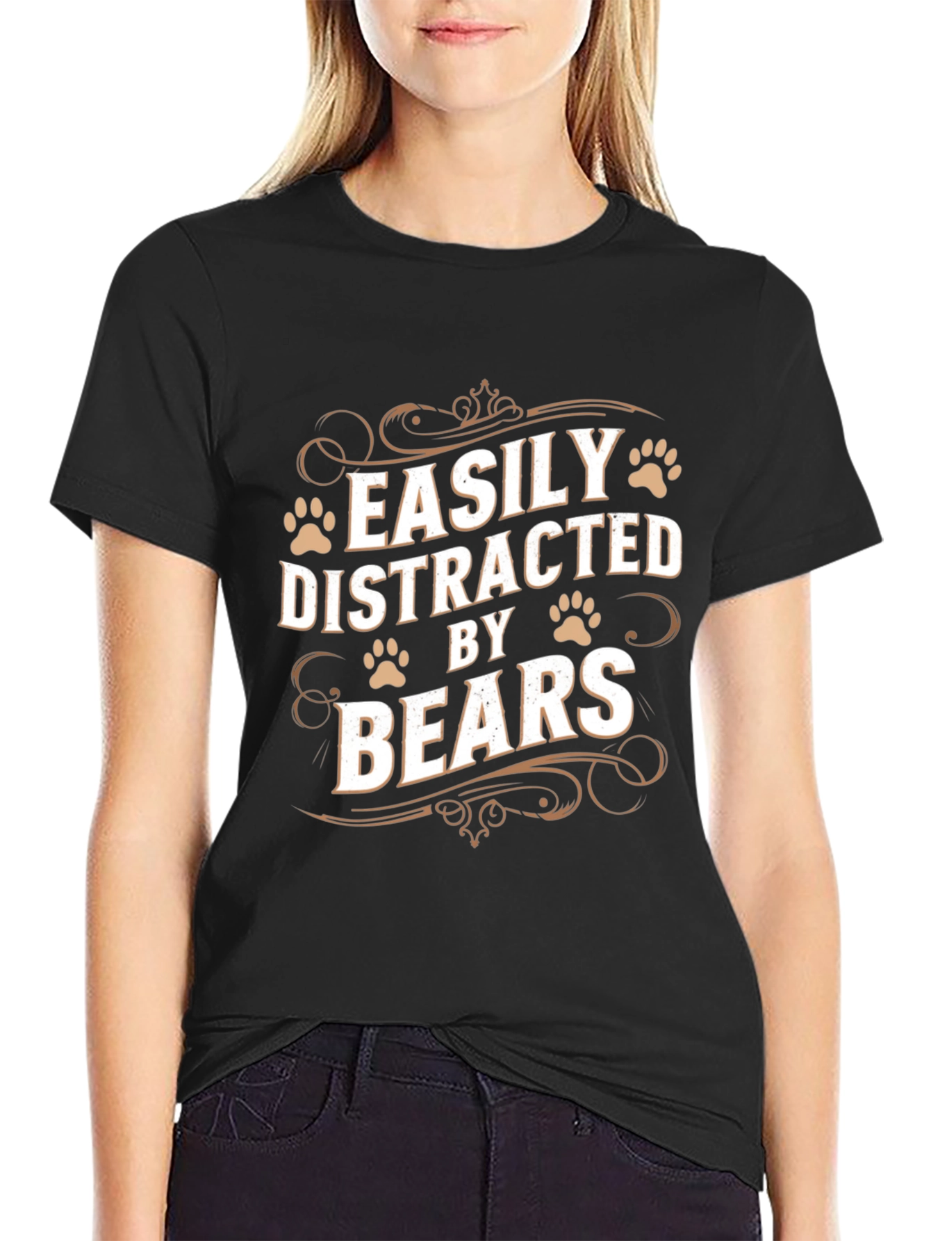Black Easily Distracted By Bears T-Shirt - Funny Bear Lover Tee view 2