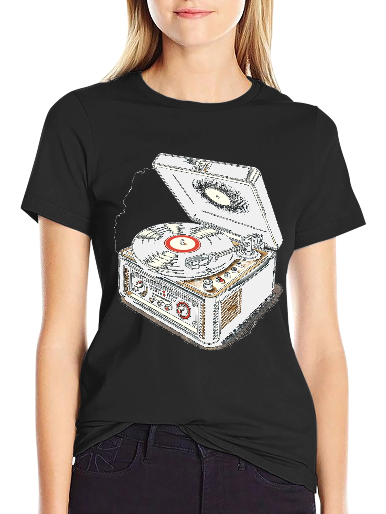 Black Vintage Record Player T-Shirt - Music Lover Tee view 2