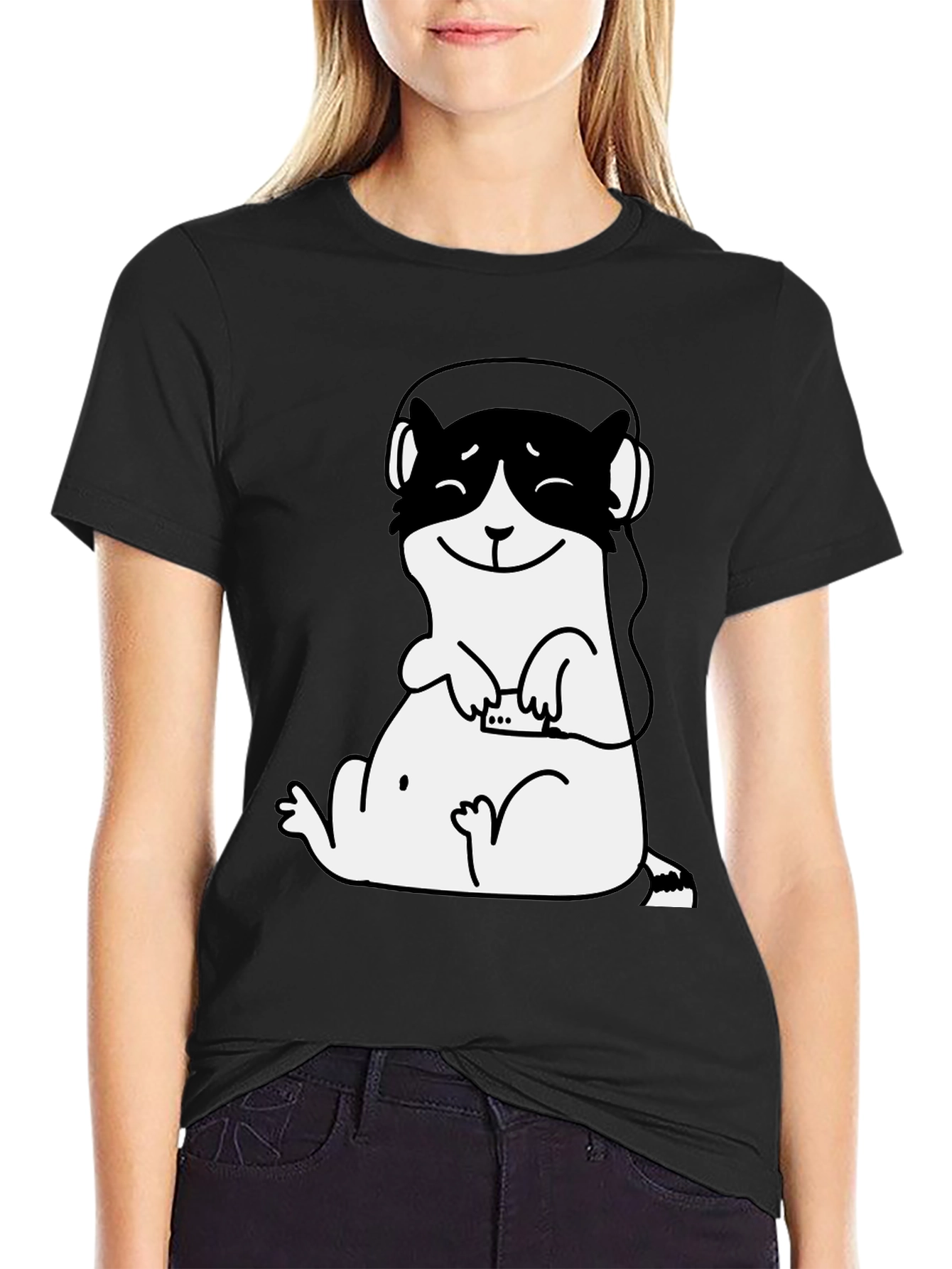 Black Cute Otter DJ Graphic Tee - Black Cotton T-Shirt view 2