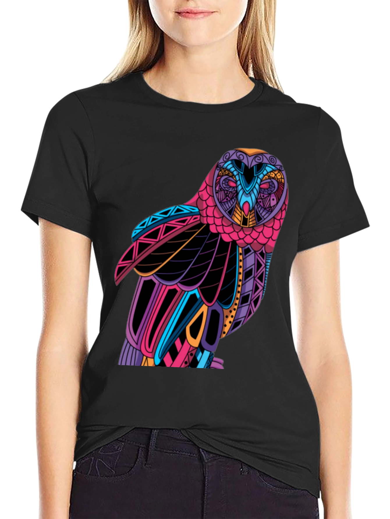 Black Colorful Owl Graphic T-Shirt - Unique Design view 2