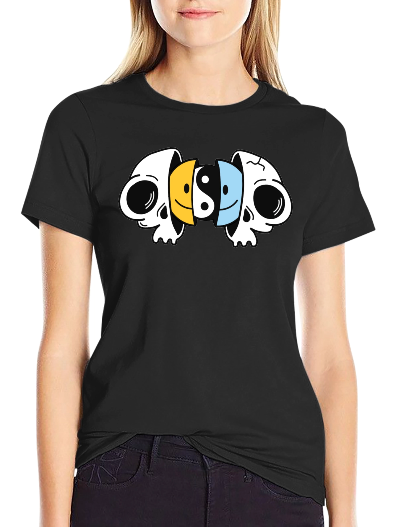 Black Yin Yang Skulls Graphic Black T-Shirt view 2