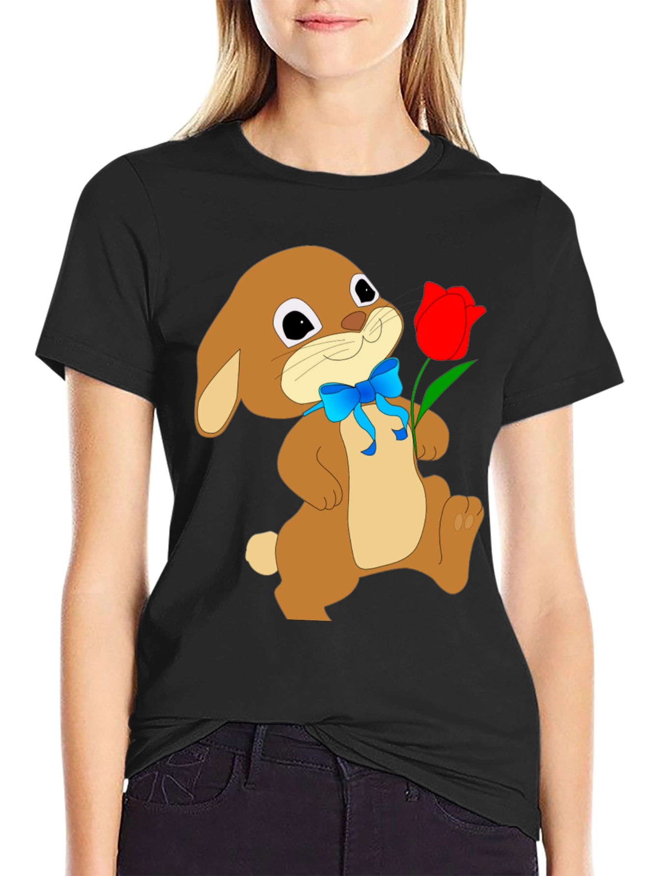 Black Bunny & Tulip Graphic Tee - Soft Black Cotton view 2