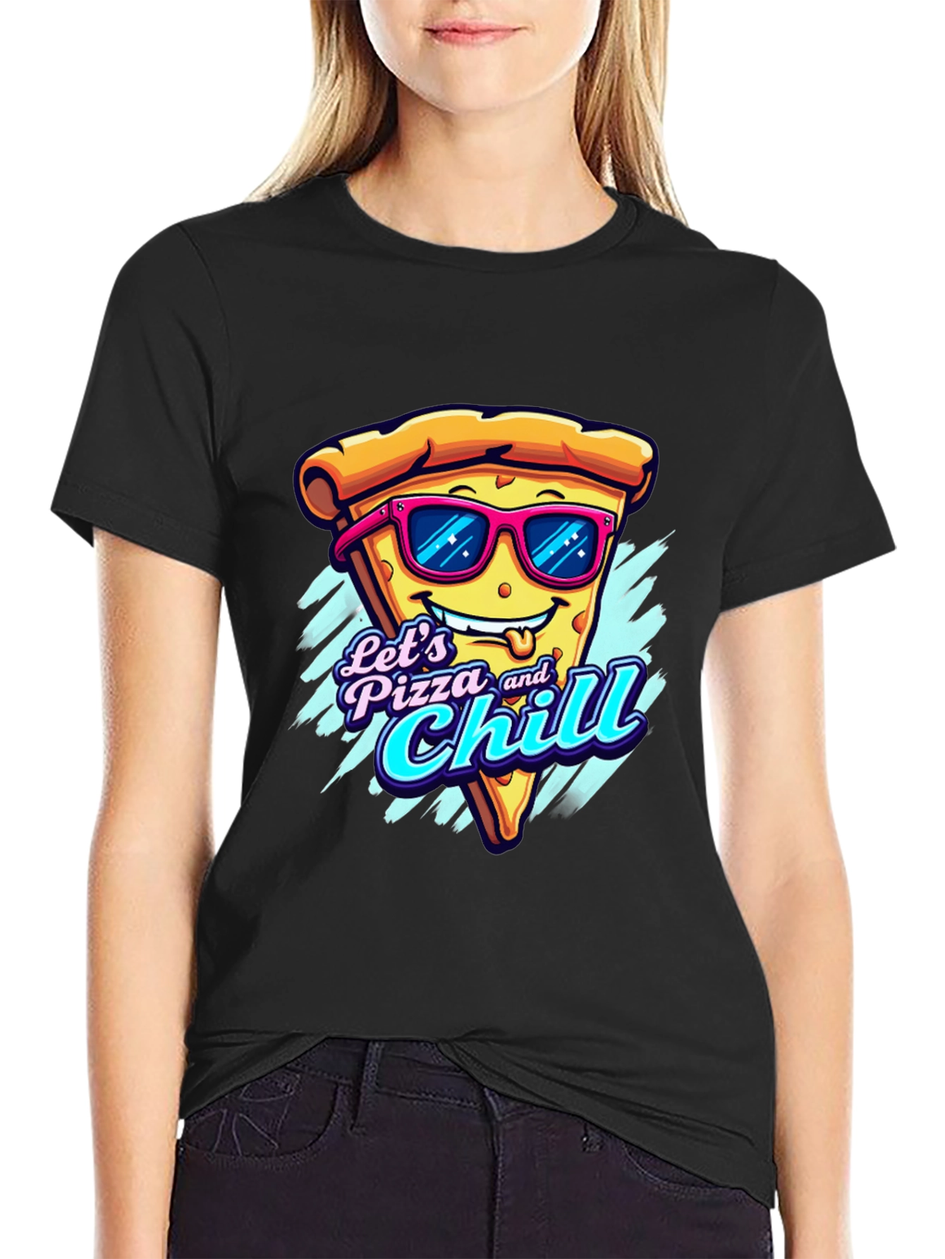 Black Let's Pizza and Chill Funny Graphic Tee view 2