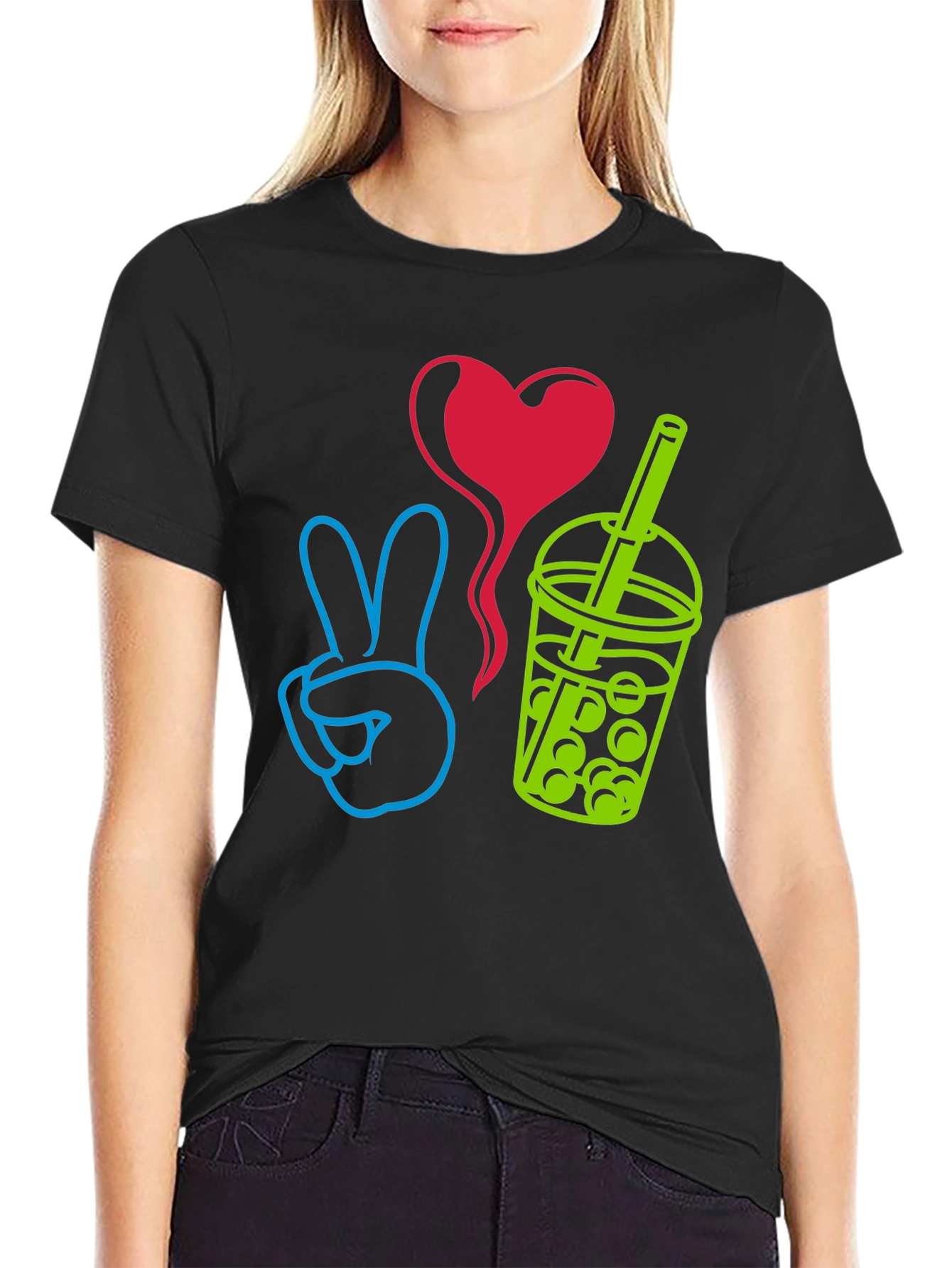 Black Peace, Love, Boba T-Shirt - Trendy Graphic Tee view 2