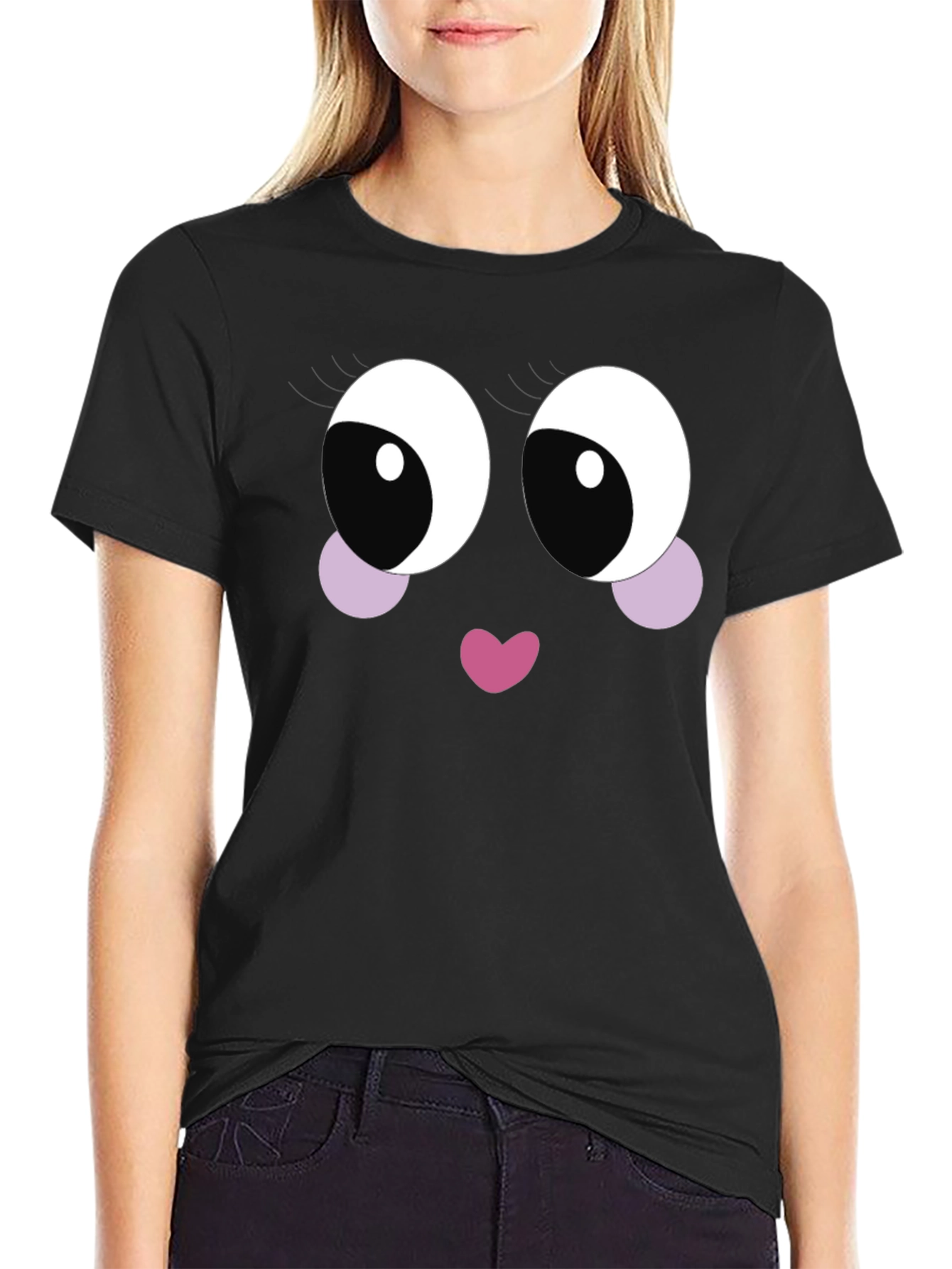 Black Cute Cartoon Face Black T-Shirt view 2