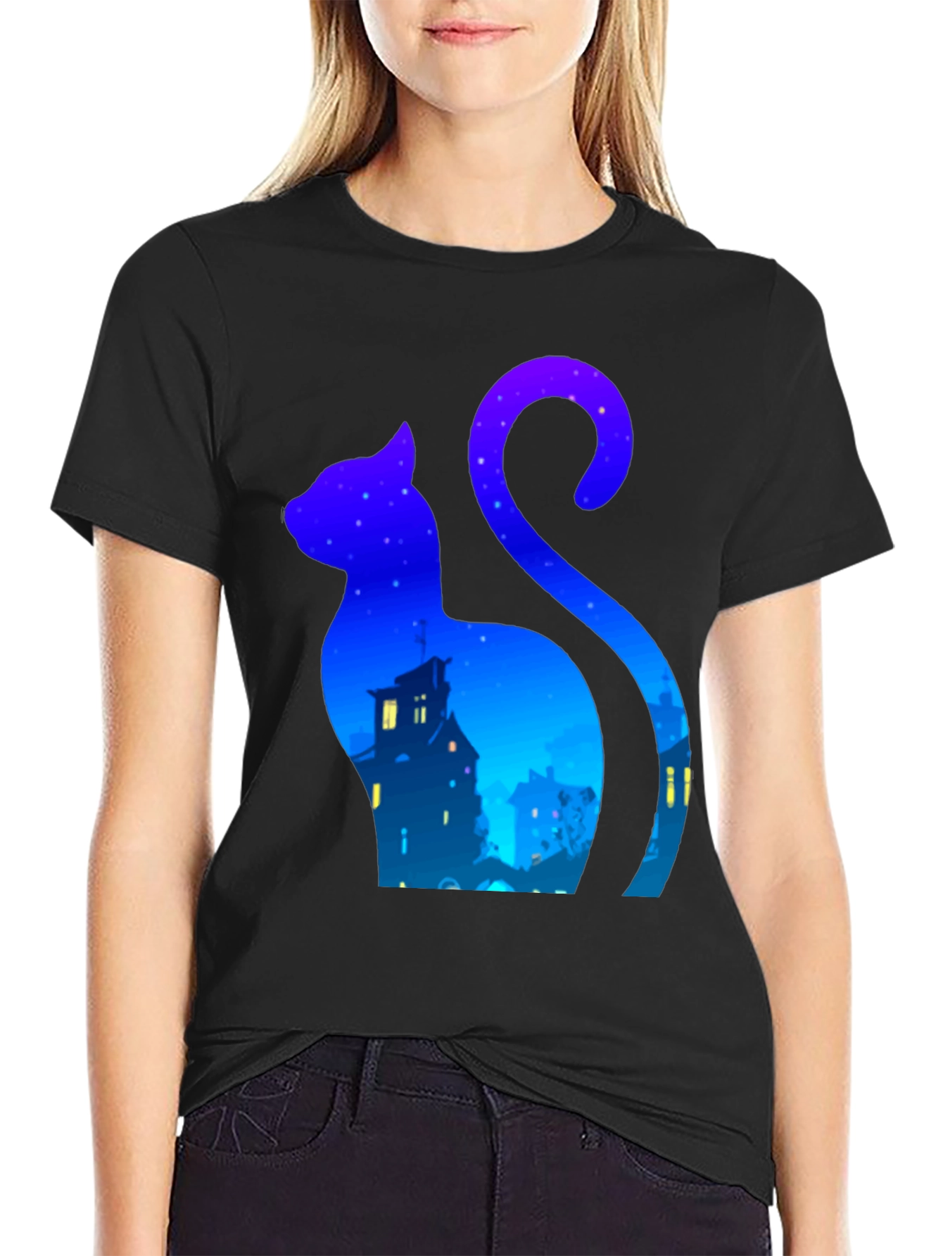 Black Cat Silhouette Night Sky T-Shirt - Urban Style view 2