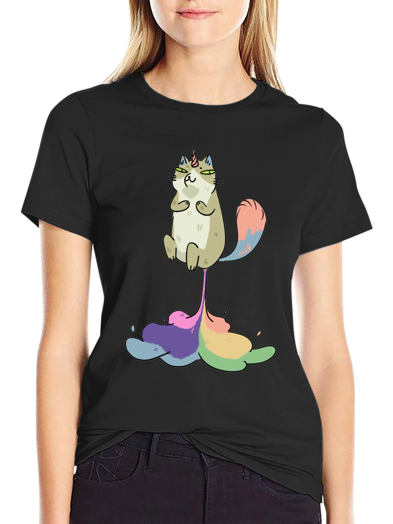 Black Unicorn Cat Rainbow Funny Black T-Shirt view 2