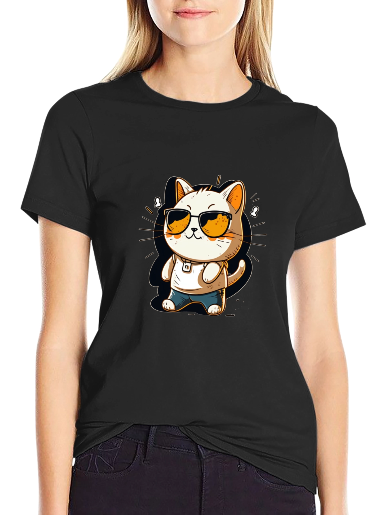Black Cool Cat Cartoon Black Tee view 2