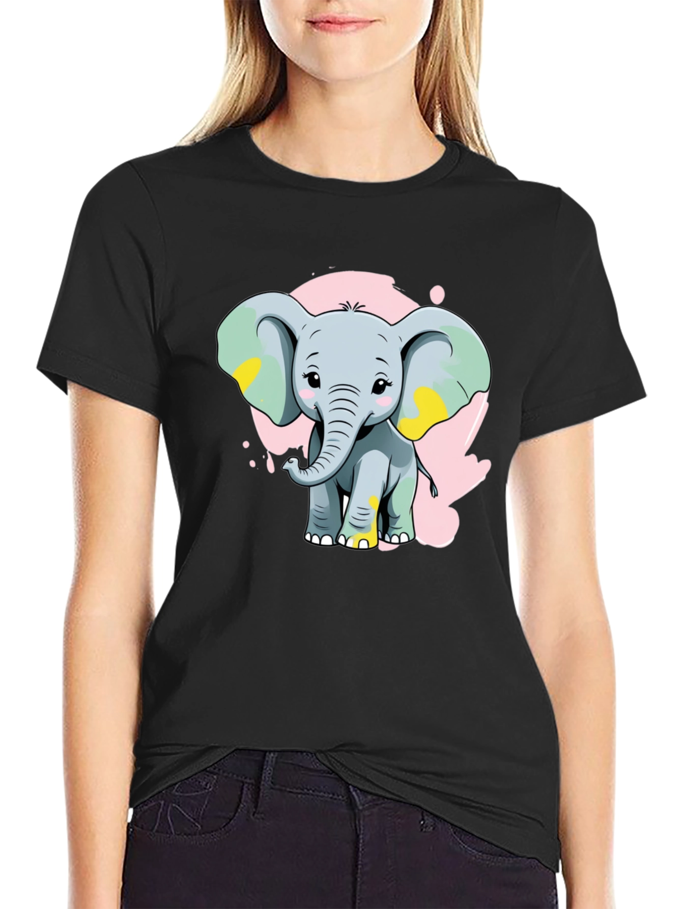 Black Cute Elephant Graphic Tee - Black Cotton Blend Shirt view 2