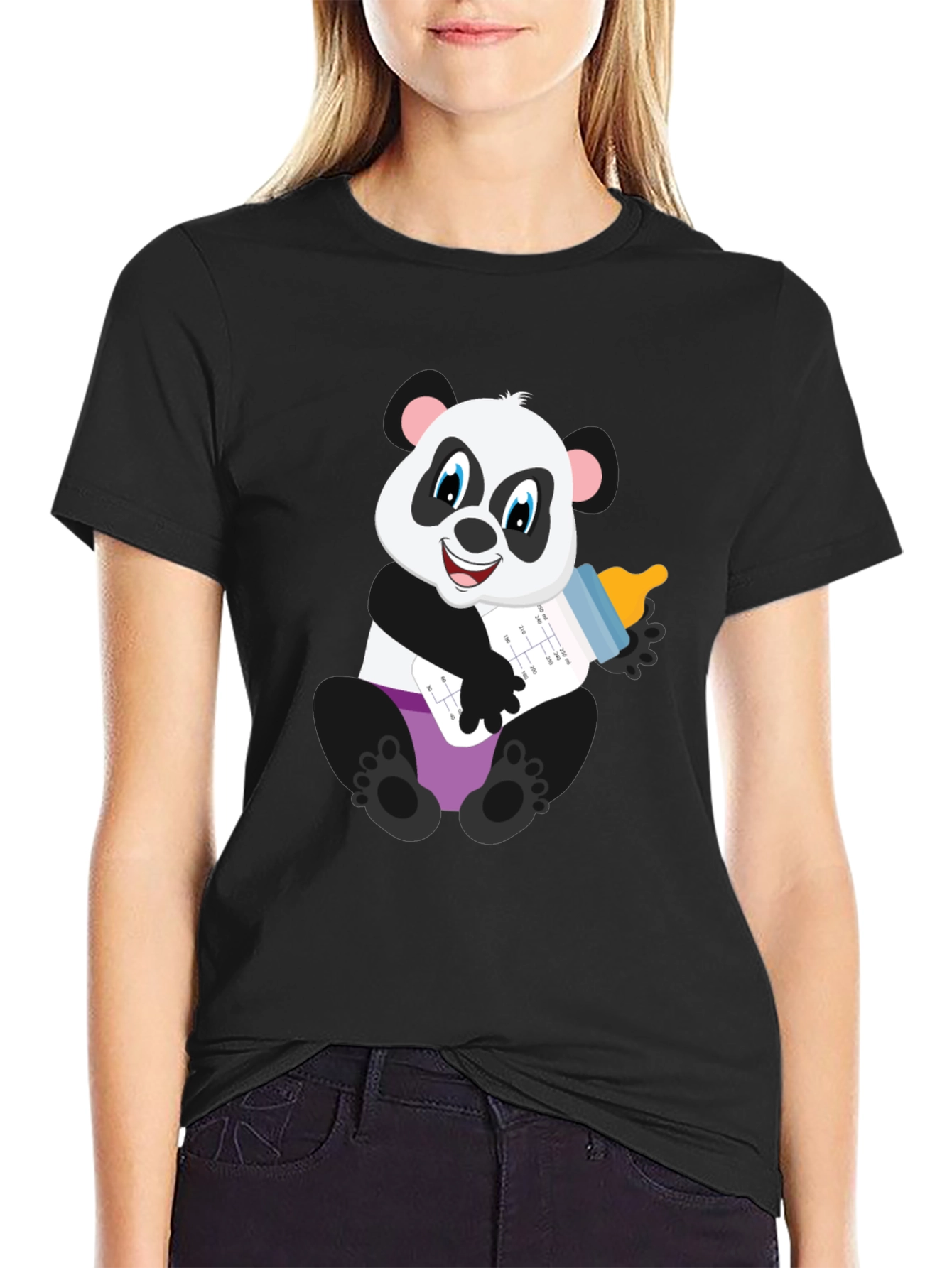 Black Panda Baby Bottle T-Shirt - Adorable Cute Cartoon Bear Tee view 2