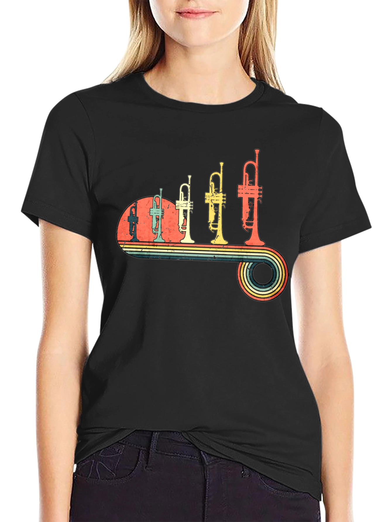 Black Retro Trumpet Music T-Shirt view 2
