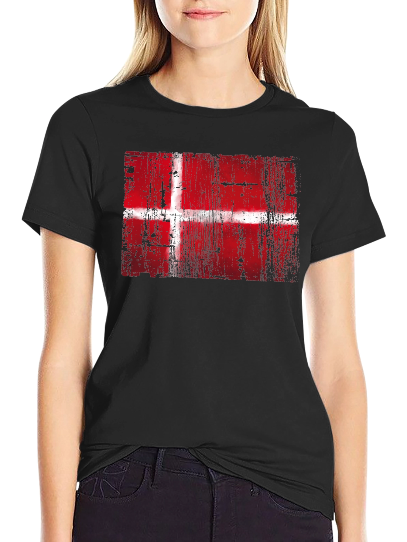 Black Danish Flag Graphic Print Black T-Shirt view 2