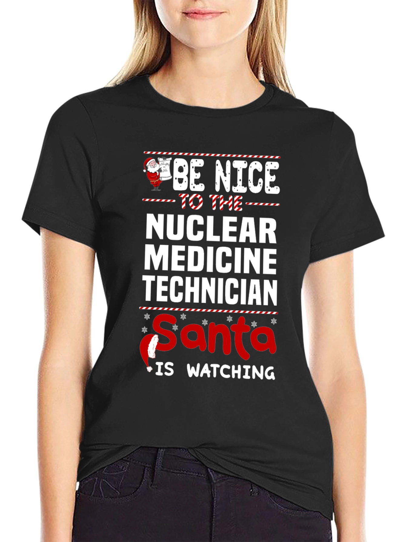Black Nuclear Medicine Tech Santa Watching T-Shirt view 2