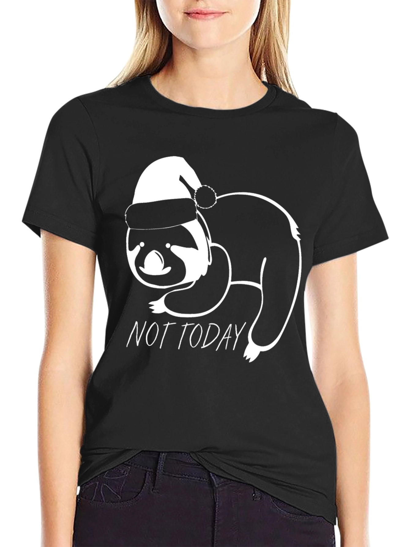 Black Not Today Sloth Santa Hat Graphic Tee view 2